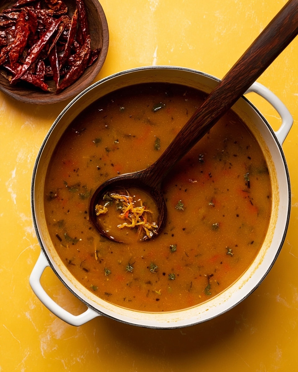 A top view of a white pot filled with brown soup that has small pieces of herbs and vegetables floating in it, with a dark wooden ladle resting inside the pot, partially submerged and picking up some of the soup and shredded bits, placed on a smooth yellow surface; a dark bowl with dried red chili peppers is partially visible in the upper left corner, all shown against a white marbled texture background, photo taken with an iphone --ar 4:5 --v 7