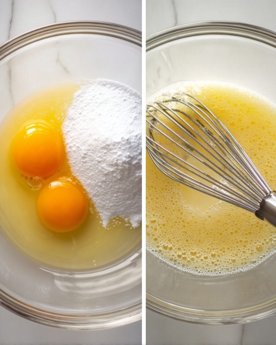 The image shows two side-by-side shots of a clear glass bowl on a white marbled surface. The left side displays two raw egg yolks with bright yellow-orange color sitting in the bowl, along with a pile of white sugar and a silver metal whisk resting on the ingredients. The right side shows the mixture after being whisked, where the eggs and sugar have blended into a light yellow, frothy liquid with bubbles on top, and the whisk is still inside the bowl. Photo taken with an iphone --ar 4:5 --v 7