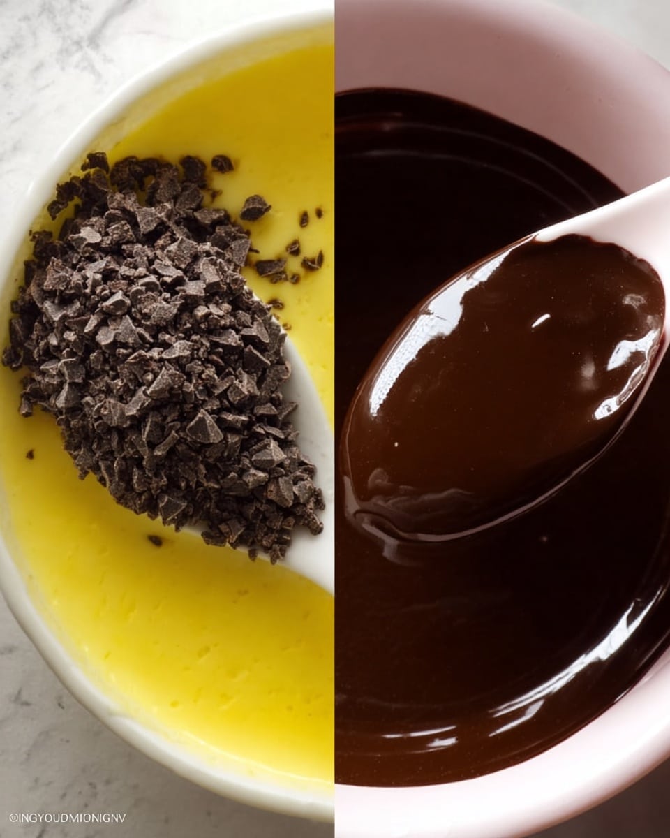 The image shows two close-up shots side by side. On the left, a white spoon rests in a yellow melted substance with small dark chocolate chunks sprinkled on top, creating a rough texture on one layer, while the yellow base looks smooth and shiny. On the right, the same white spoon is dipped into a thick, glossy dark brown liquid, almost shiny like glass, with a smooth texture covering the spoon evenly. Both images have a soft light reflecting gently on the surfaces, set against a white marbled background. Photo taken with an iphone --ar 4:5 --v 7