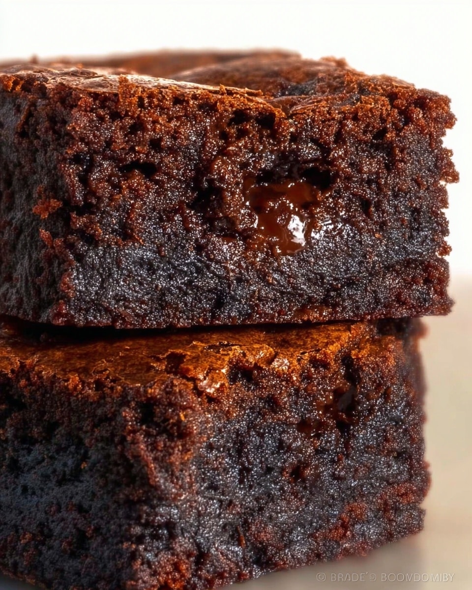 The image shows a close-up of two thick, dark chocolate brownies stacked on top of each other. Each brownie has a rich, dense texture with a shiny, slightly cracked top layer in deep brown color. The inside is moist and fudgy, revealing gooey chocolate pockets and a soft, crumbly surface in dark chocolate shades. The edges are firm but not dry, highlighting the contrast between the thin, cracked top crust and the soft interior layers, all set against a simple background. Photo taken with an iphone --ar 4:5 --v 7