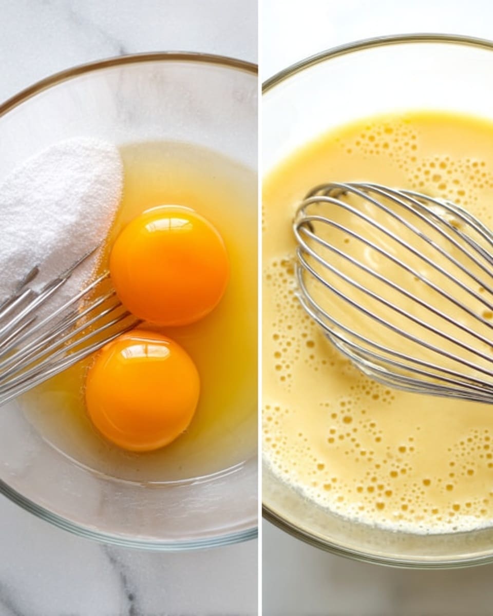 The image is split into two parts side by side. On the left, there is a close-up of two raw egg yolks and egg whites in a clear glass bowl over a white marbled surface, with a metal whisk resting inside, next to a small pile of white sugar. On the right, the same mixture appears beaten, showing a smooth, light yellow, frothy texture with tiny bubbles, with the metal whisk in the bowl above the white marbled surface. photo taken with an iphone --ar 4:5 --v 7