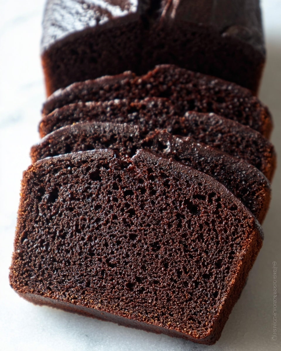 The image shows multiple slices of a dark chocolate cake loaf placed on a white marbled surface. The cake has a rich, deep brown color with a moist, slightly dense texture visible in the crumb. The slices are stacked closely behind one another, showing the inside of the cake with tiny holes that suggest softness. The top of each slice has a shiny, darker brown chocolate glaze that contrasts with the slightly lighter interior. Photo taken with an iphone --ar 4:5 --v 7