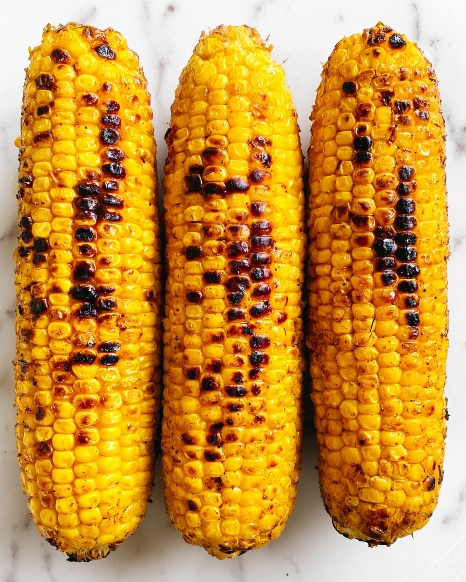 Three grilled corn cobs are placed side by side on a white marbled surface. Each cob has a bright yellow color with dark brown and black char marks scattered unevenly across the rows of plump kernels. The grilling marks vary in size and shape, giving the corn a slightly rough and textured appearance. The tips of the cobs are slightly browned and the kernels look glossy, suggesting they have been cooked and are juicy. Photo taken with an iphone --ar 4:5 --v 7