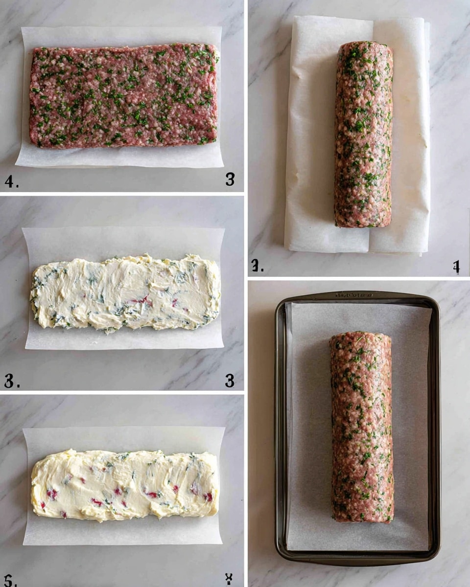 The image sequence shows a step-by-step process of preparing a stuffed meat roll. The first frame displays a flattened layer of mixed ground meat with green herbs evenly spread throughout, laid on white parchment paper on a white marbled surface. On the lower part of this meat layer, a white creamy cheese filling with small red bits is spread in a thick horizontal line. Next, the meat is partially folded over the filling, creating one visible rolled edge. Following images show a second fold, fully wrapping the cheese inside, forming a neat cylindrical meat roll. The rolled meat log is then placed on a baking tray lined with white parchment paper, showing a smooth outer texture studded with green herbs. The final frame highlights the entire meat roll, now fully shaped and resting on the tray, ready for cooking. Photo taken with an iphone --ar 4:5 --v 7