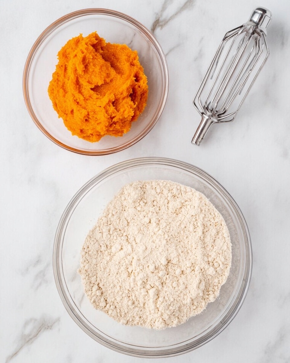 The image shows two clear glass bowls on a white marbled surface. The larger bowl at the bottom is filled with a light beige powder with a soft, crumbly texture. Above it, to the left, a smaller bowl holds a smooth, bright orange mixture with a thick, mashed texture. To the right of the bowls, there is a silver metal hand mixer with two beaters resting on the surface. Photo taken with an iphone --ar 4:5 --v 7