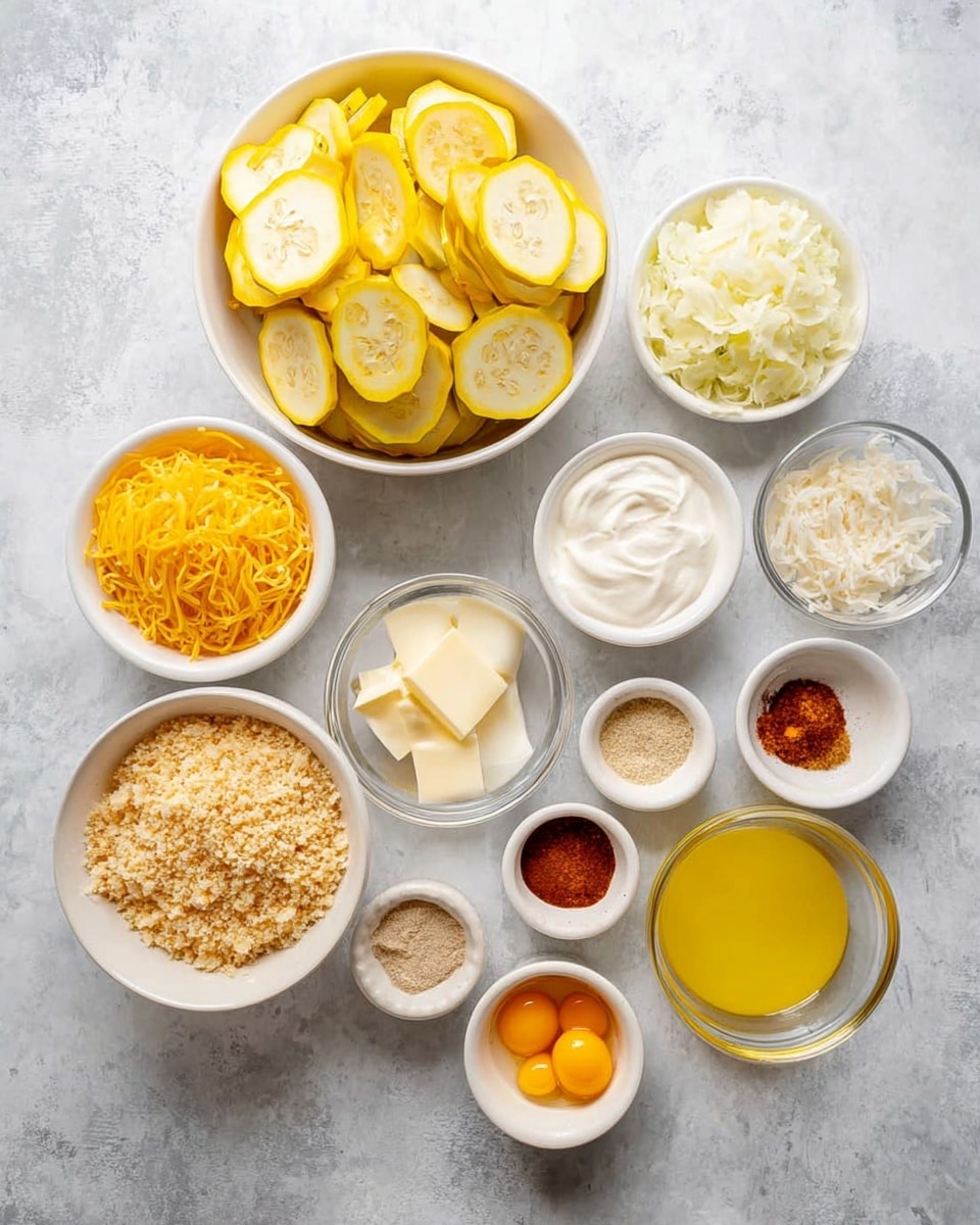 A flat lay of various small white bowls and a white plate on a white marbled surface, each holding different cooking ingredients: a large white bowl filled with thinly sliced yellow squash with visible seeds, a smaller white bowl with shredded bright orange cheese, a large white bowl packed with light golden toasted breadcrumbs, a white bowl of finely chopped white onions, a small white bowl of light yellow cream, another small white bowl with white granulated sugar, a small bowl with light beige powder, a bowl with a red spice powder, a bowl of mixed seasoning, a bowl of white creamy sauce, and two clear glass bowls; one contains two raw eggs, and the other one holds melted yellow butter or oil. photo taken with an iphone --ar 4:5 --v 7