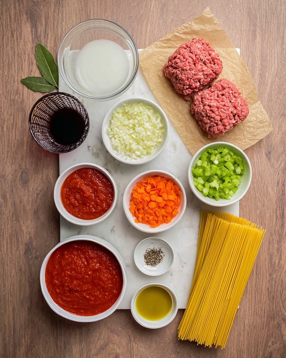 The image shows all the ingredients for a recipe arranged neatly on a white marbled surface. At the bottom right side, there is a small pile of uncooked yellow spaghetti. Above it and to the left, two portions of raw ground meat rest on brown parchment paper. To the right of the meat, there are three small white bowls, each filled with finely chopped vegetables: white onion, green celery, and orange carrot, placed in a row. Above these bowls, a larger clear glass bowl contains a white liquid. To the left of that, a dark liquid is in a small textured glass. Further left, a white bowl holds thick red tomato sauce, next to it is a small white bowl with red tomato paste. Above the tomato paste, three small white bowls are arranged in a triangle, holding black pepper, white salt, and golden olive oil. A green bay leaf is visible above the large tomato sauce bowl. photo taken with an iphone --ar 4:5 --v 7