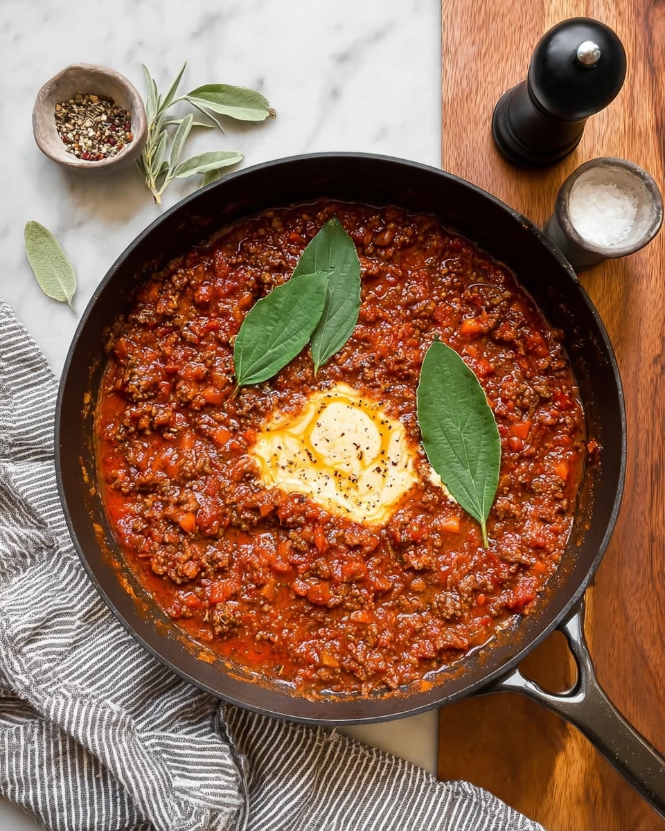 A black pan filled with thick rich red meat sauce with visible small chunks of carrots and minced meat, topped with a swirl of creamy pale yellow sauce and sprinkled with black pepper or other spices in the center, decorated with two vibrant green bay leaves on top, all set on a white marbled surface next to a white salt container, a black pepper grinder, and a striped cloth napkin; photo taken with an iphone --ar 4:5 --v 7