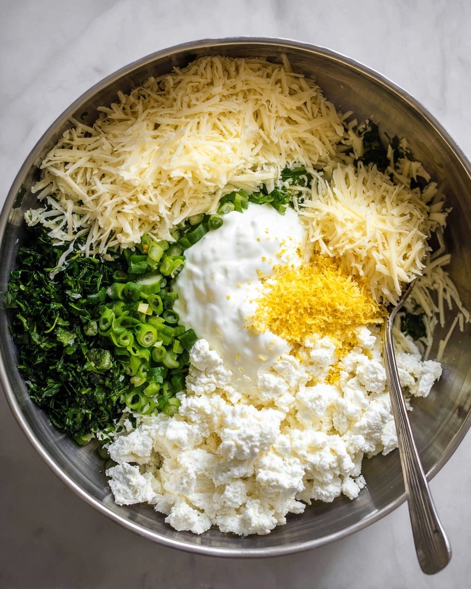A large silver bowl on a white marbled surface holds six separate layers of ingredients arranged in a circle. Starting from bottom right and moving clockwise, there is white crumbly cheese with a slightly coarse texture, a dollop of thick white yogurt with a bit of yellow zest on top, a pile of finely shredded pale yellow cheese, a pile of chopped dark green herbs, chopped green onions with a fresh, crisp look, and a small heap of yellow zest or seasoning in the center. A silver spoon rests inside the bowl on the right side. Photo taken with an iphone --ar 4:5 --v 7