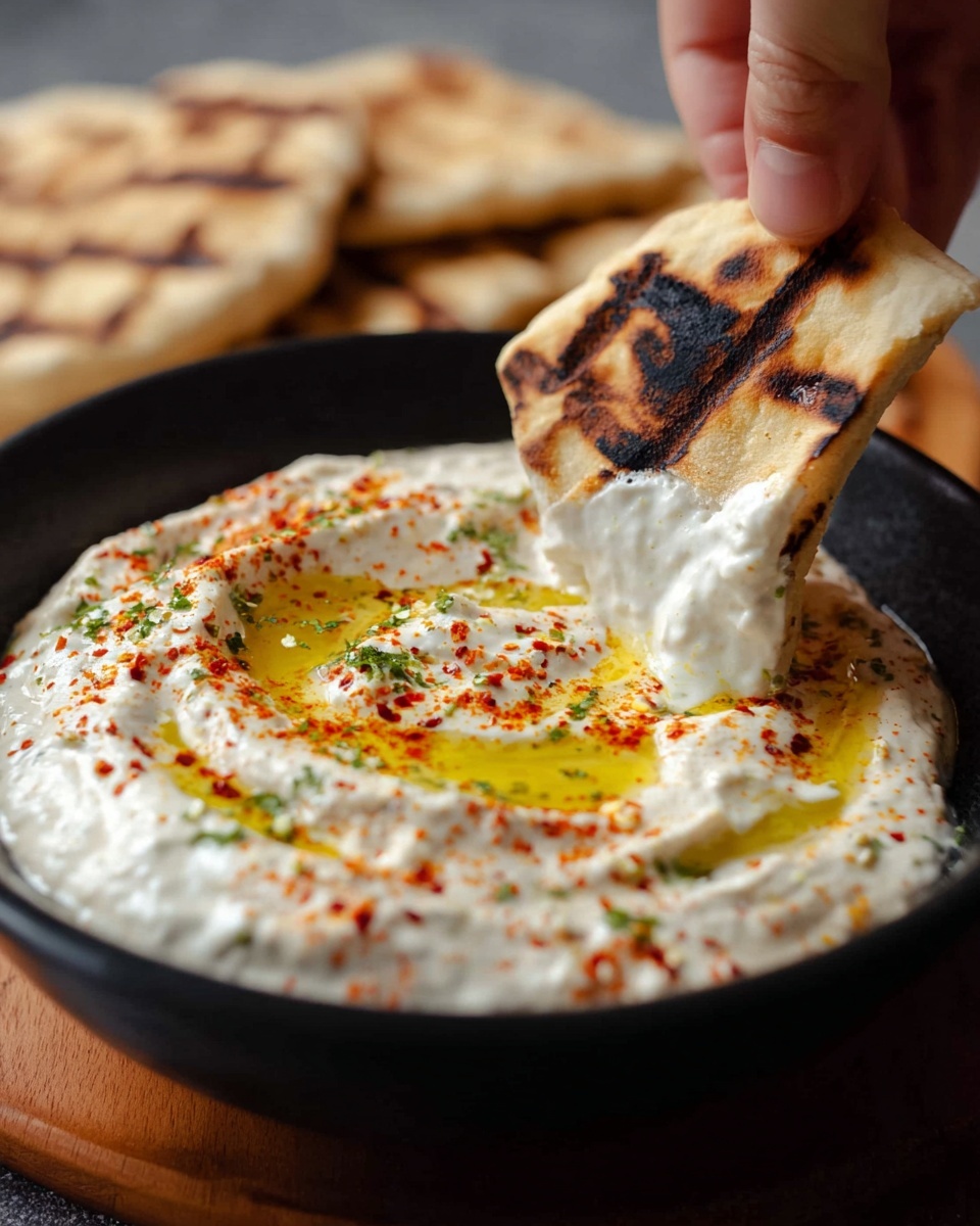 A close-up image shows a woman's hand dipping two pieces of grilled flatbread with light brown char marks into a black bowl filled with creamy white dip. The dip has a smooth texture with visible swirls on the surface, topped with a drizzle of yellow oil and sprinkled with red and green spices. In the blurred background, more grilled flatbread pieces rest on a wooden surface. The photo is taken over a white marbled texture. photo taken with an iphone --ar 4:5 --v 7