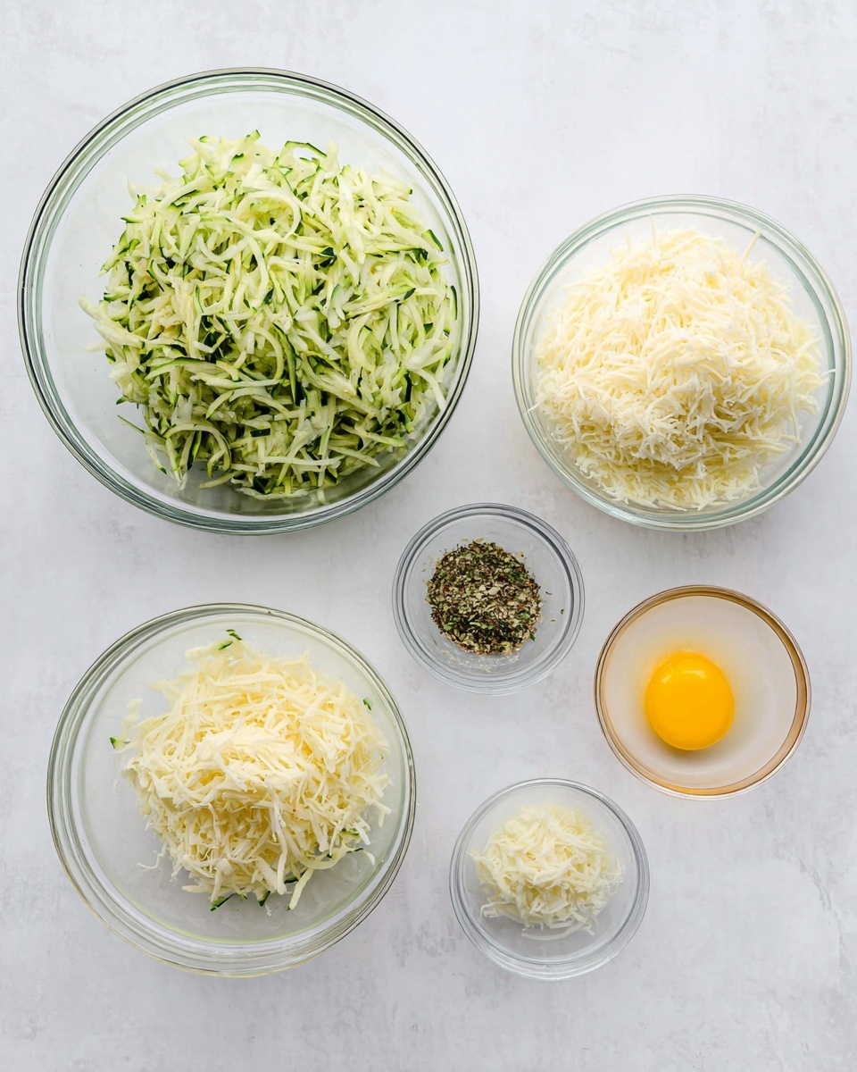 Five clear glass bowls hold different ingredients over a white marbled surface. The largest bowl on the left is filled with shredded green zucchini with visible specks of skin. To its right, a large bowl contains a mound of finely shredded white cheese. Below that, a smaller bowl holds finely shredded pale yellow cheese. Next to it, a tiny bowl has a mix of dried herbs and spices, shown as small green and white flakes. The last bowl, also small and clear, contains a raw egg, with its bright yellow yolk and clear egg white visible. Photo taken with an iphone --ar 4:5 --v 7