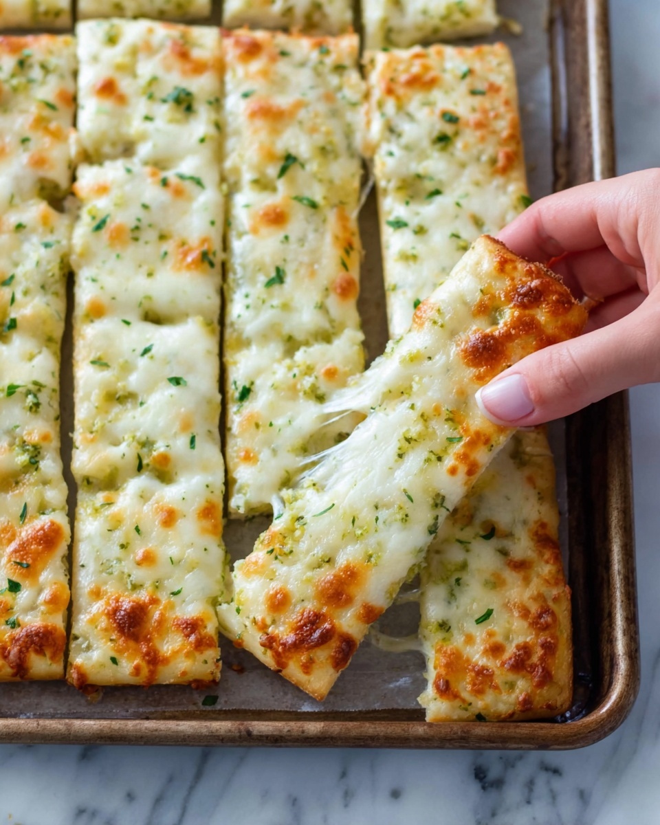 The image shows a close-up of a baking tray filled with multiple rectangular pieces of cheesy breadsticks. Each breadstick has a golden-brown melted cheese layer on top, dotted with small green herbs evenly spread across the surface. The cheese layer looks soft and slightly bubbly with some spots browned from baking. A woman's hand is lifting one breadstick, revealing the texture of the cheese stretching slightly. The tray is placed on a white marbled surface, creating a clean and bright background. photo taken with an iphone --ar 4:5 --v 7