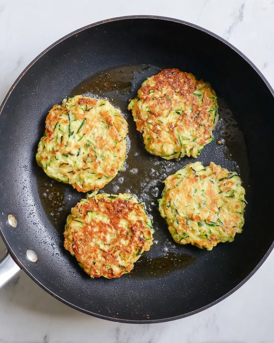 A black frying pan with four golden brown zucchini fritters cooking inside. Each fritter is round but uneven in shape, showing green zucchini pieces mixed into a light yellow batter with crispy edges. There is a slight shine of cooking oil under and around the fritters, and the frying pan is set on a white marbled surface. The photo taken with an iphone --ar 4:5 --v 7