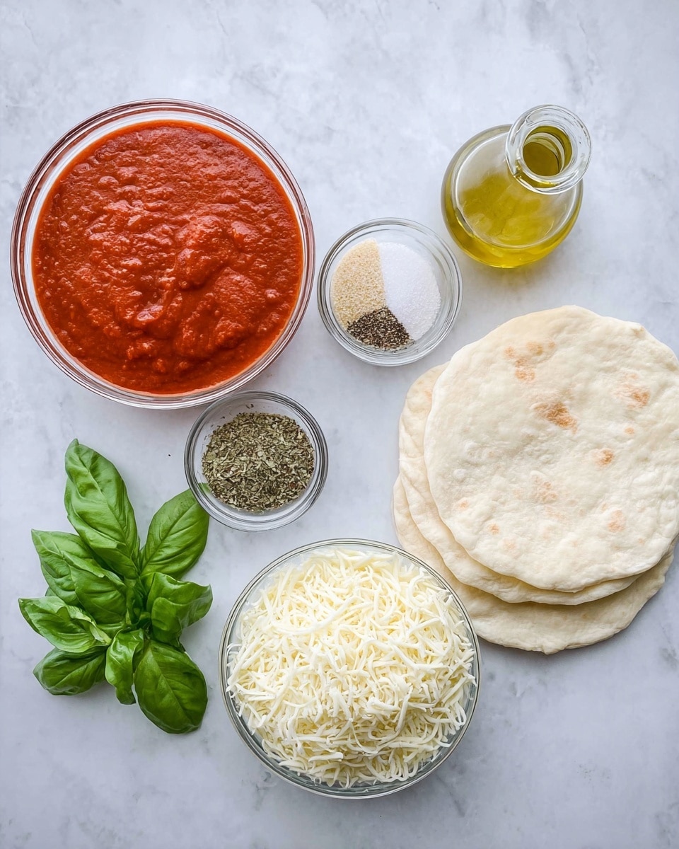 The image shows pizza ingredients arranged on a white marbled surface. On the left, there is a glass bowl filled with red tomato sauce, which has a smooth, thick texture. Next to it is a smaller glass bowl with mixed dried spices in four sections: white salt, black pepper, green herbs, and a light beige powder. Below these bowls, another glass bowl contains a generous amount of shredded white cheese, soft and fluffy in texture. Fresh green basil leaves sit beside the cheese bowl, adding a dash of vibrant color. To the right side, there are three round, flat white pita breads stacked, showing a lightly browned, soft surface. Above them, a small clear bottle with light yellow olive oil completes the neat arrangement. photo taken with an iphone --ar 4:5 --v 7