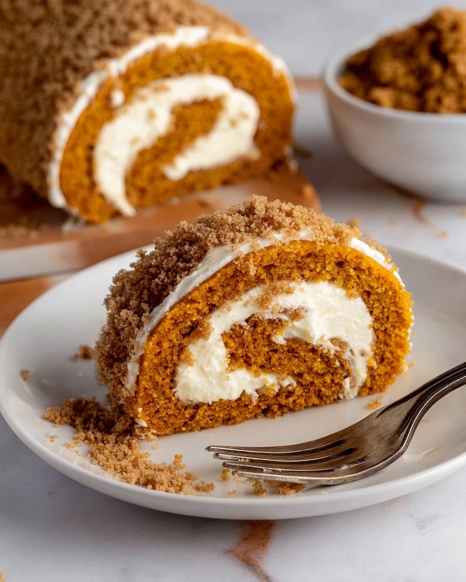A slice of pumpkin roll cake sits on a white plate with a soft, moist, orange-brown pumpkin sponge rolled tightly around a thick, creamy white filling, forming two visible layers with a textured swirl pattern. The slice shows detailed crumb texture, and a fork holds a small bite of the cake, showing both the sponge and creamy layers. In the background, part of the rolled cake is visible, and a light brown crumb mixture rests in a white bowl on a white marbled surface with some scattered crumbs around the plate. Photo taken with an iphone --ar 4:5 --v 7