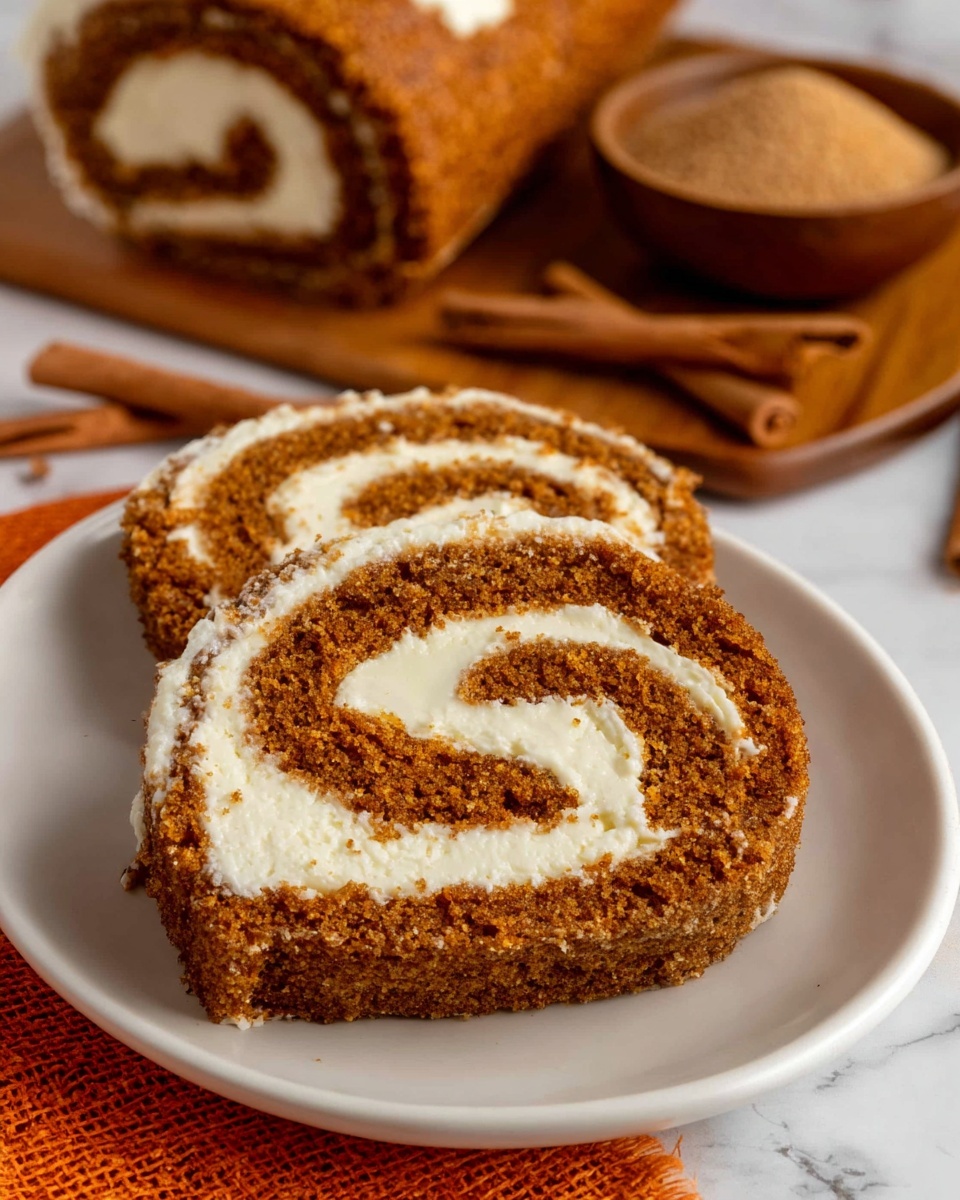 The image shows two slices of a brown cake roll with a white cream filling swirled inside, placed on a white plate with a white marbled surface beneath. In the background, there is a small wooden bowl filled with brown sugar and two cinnamon sticks resting beside it on an orange textured cloth. The cake has a soft and slightly crumbly texture with smooth, creamy filling in the center, and the layers of the cake and cream are clearly visible in a spiral shape. Photo taken with an iphone --ar 4:5 --v 7