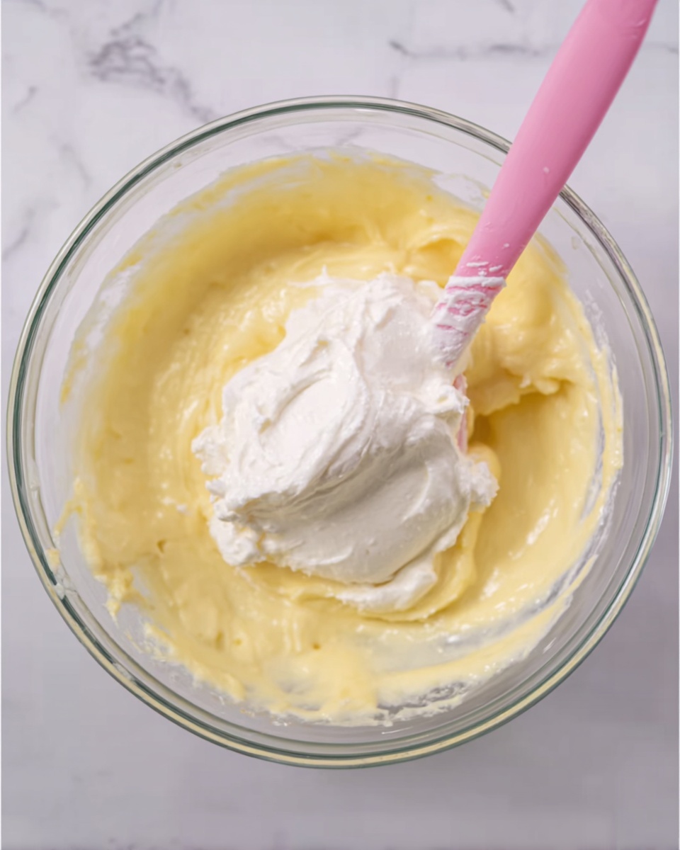 A clear glass bowl sits on a white marbled surface, filled mostly with a thick, smooth yellow batter. On top of the batter is a dollop of white, creamy mixture, with a soft and slightly fluffy texture. A pink spatula with a white edge rests in the bowl, partially immersed in the batter and creamy mixture, showing a bit of batter on its side. The scene is bright and clean, focusing on the mixing process. photo taken with an iphone --ar 4:5 --v 7