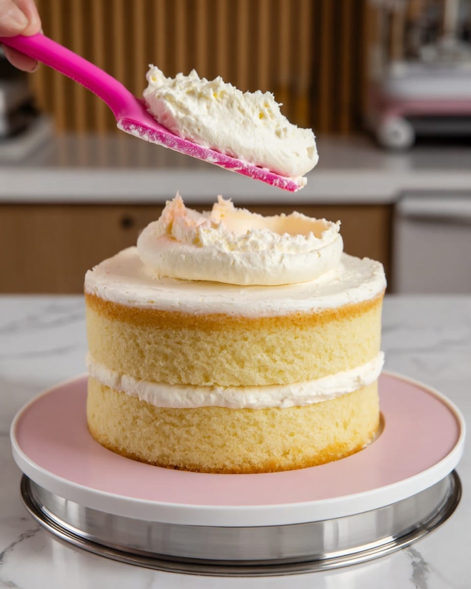 The image shows a two-layer cake with light yellow sponge layers, each separated by a smooth layer of light cream. The cream between the layers is evenly spread, while the top layer has a larger dollop of whipped cream being added with a pink spatula held by a woman's hand above it. The cake sits on a white plate with a pink base, on top of a metal turntable, with a blurred kitchen background featuring wooden elements and white cabinets. The surface underneath is a white marbled texture. photo taken with an iphone --ar 4:5 --v 7