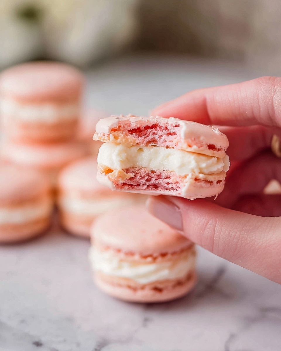 A close-up image shows a woman's hand holding a pink macaron with a bite taken out, revealing three layers: two slightly rough textured pink cookie shells on the outside and a thick, smooth white cream filling in the middle. In the background on a white marbled surface, there is a small pile of whole pink macarons with white cream filling clearly visible between the cookie layers. The colors are soft with the pink of the macarons contrasting gently with the white filling and the marbled surface. The photo taken with an iphone --ar 4:5 --v 7