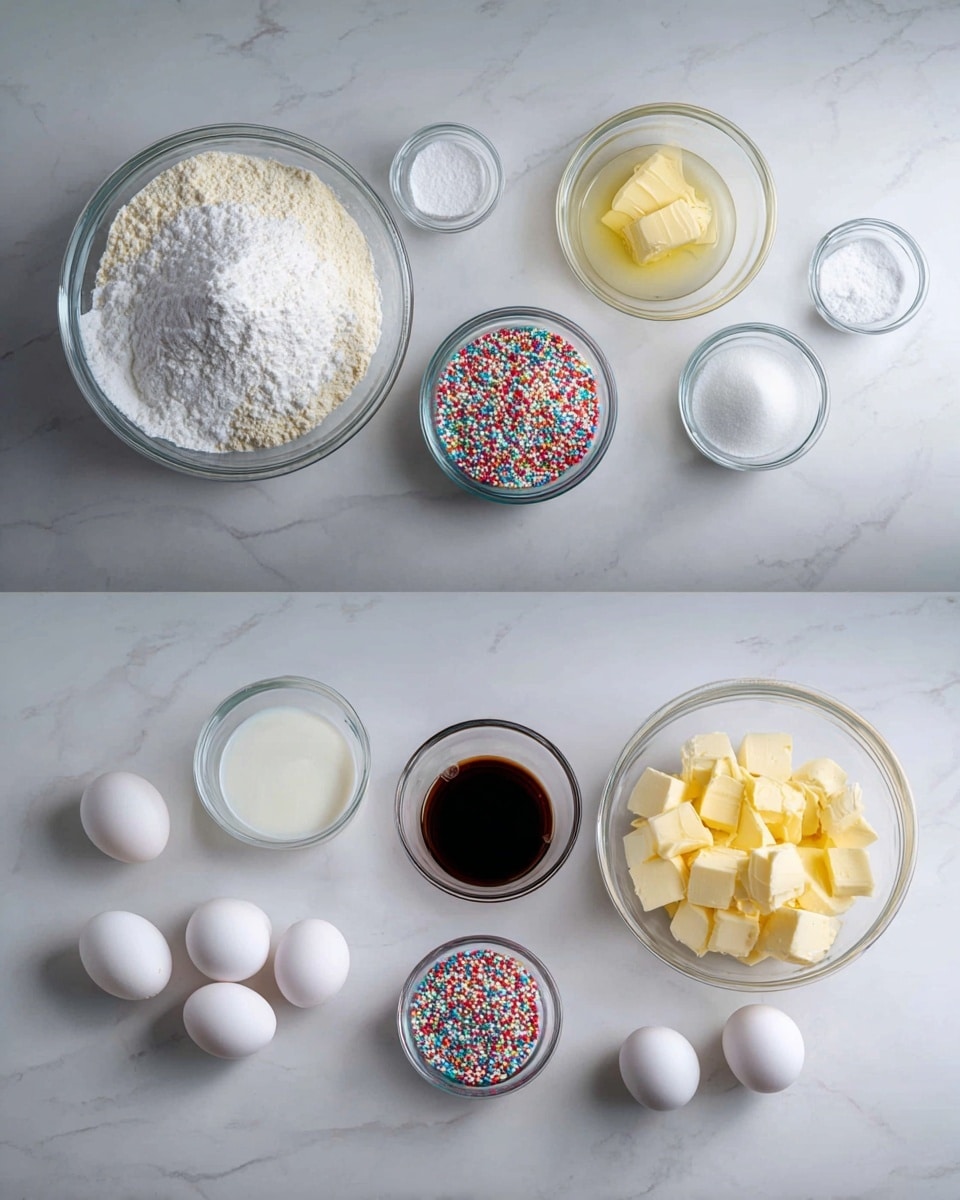 The images show sets of different ingredients laid out on a white marbled surface. The first set includes a large white bowl of powdered sugar, a clear bowl with light yellow flour, a small clear bowl with white sugar, a small clear bowl filled with colorful sprinkles, and three white eggs arranged below the bowls. The second set shows a small clear bowl of white sugar, a slightly larger clear bowl of white granulated sugar, a small clear bowl with cream or milk, a small clear bowl with dark vanilla extract, a larger white bowl full of yellow butter cubes, and three white eggs arranged in the lower right corner. photo taken with an iphone --ar 4:5 --v 7