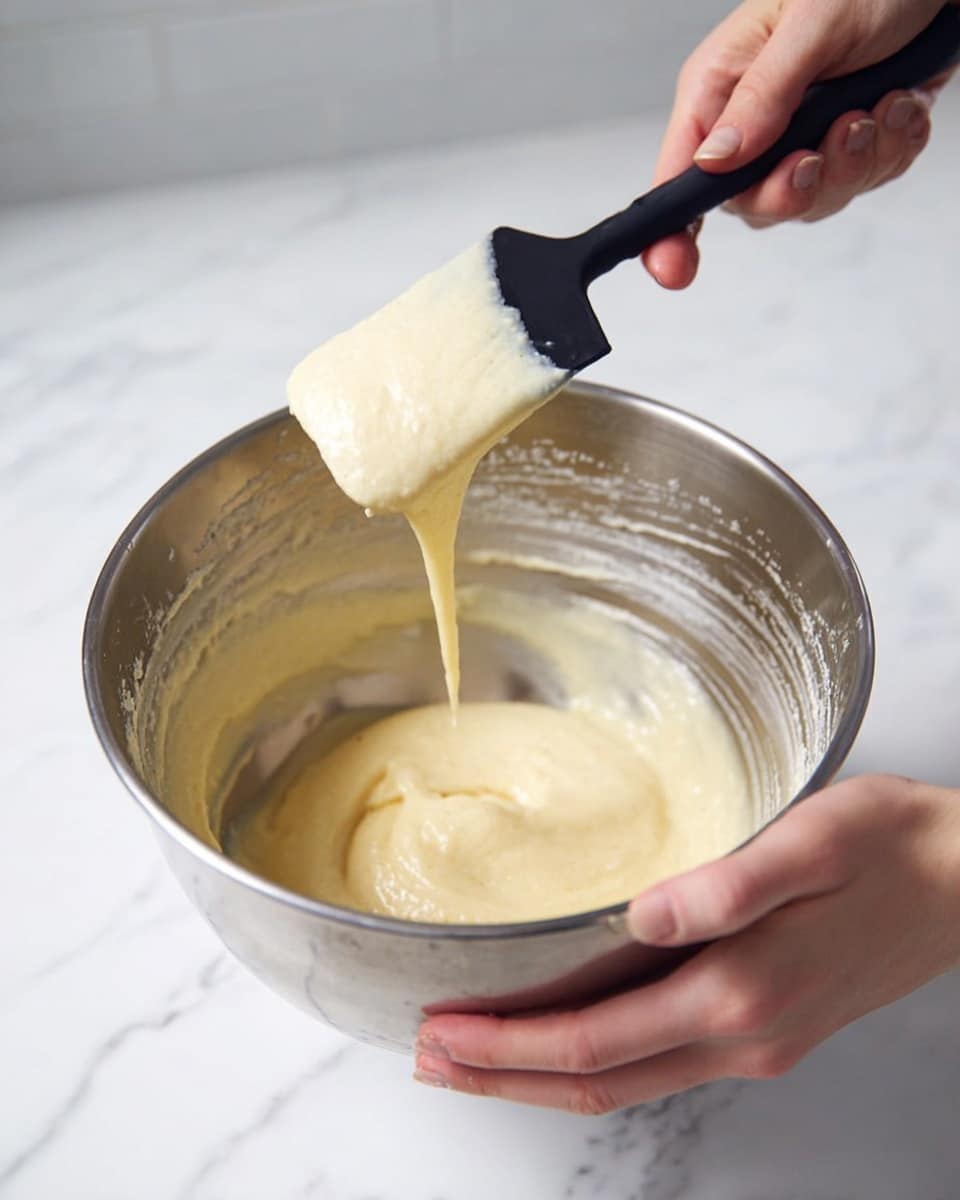 A close-up image shows a woman's hands holding a silver mixing bowl with smooth, creamy pale yellow batter. The batter has a thick, flowing texture as it drips slowly from a black spatula into the bowl. The inside of the bowl has some batter scratches, showing use. The background is a white marbled surface, providing a clean and bright setting. Photo taken with an iphone --ar 4:5 --v 7