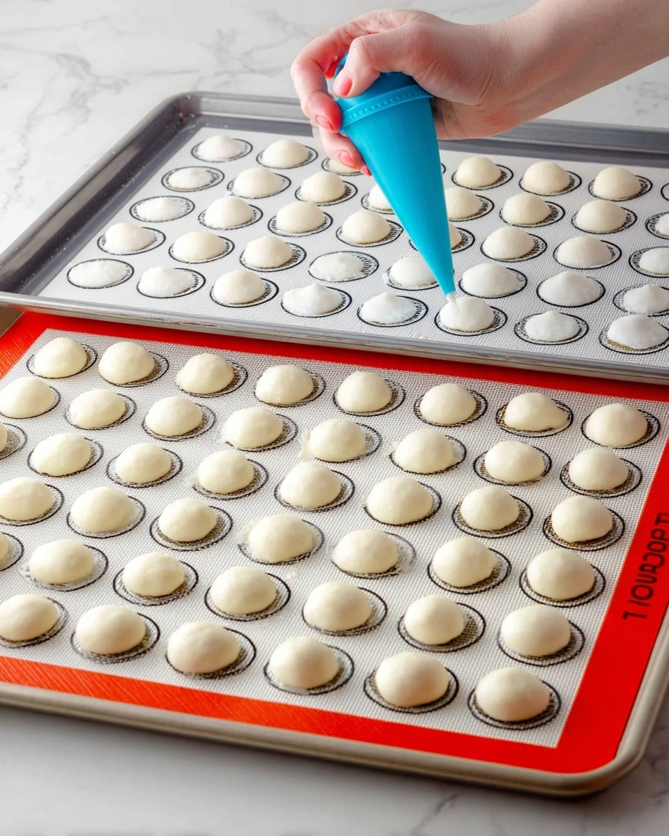 A close-up of a woman's hand holding a creamy white macaron with a cracked surface showing a rich red filling in the center. The top of the macaron is decorated with three shiny, red pomegranate seeds. In the softly blurred background, more macarons rest on a white marbled surface, alongside green leaves and some scattered pomegranate seeds. A wooden box filled with similar macarons is also faintly visible. The scene is bright and clean, focusing on the texture and colors of the dessert photo taken with an iphone --ar 4:5 --v 7