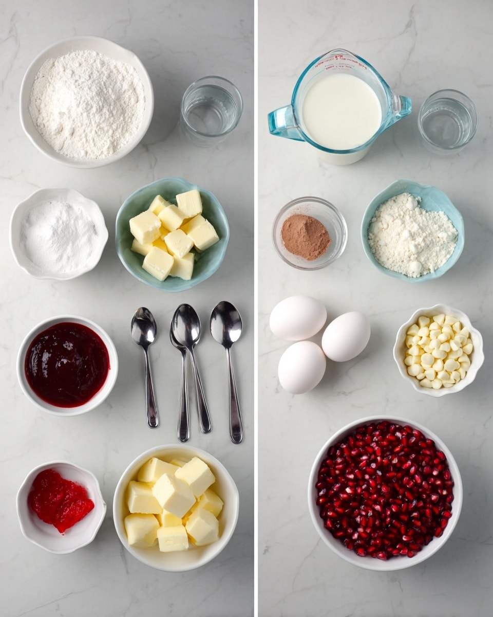 Two images show ingredients on a white marbled surface, each organized neatly. The first image has eight items: a small white bowl with a white powder, a clear measuring cup with milk, a small white bowl with white powder, two metal spoons with small amounts of white and brown powders, a small white bowl with several yellow butter cubes, a white bowl with white granulated sugar, and a white bowl holding three white eggs. The second image has seven items: two metal spoons with small amounts of white and red powders, a small white bowl with red jam, a small white bowl filled with many white chocolate chips, a small white bowl full of white powder, a small white bowl with bright red pomegranate seeds, and a small white bowl with several yellow butter cubes. Photo taken with an iphone --ar 4:5 --v 7