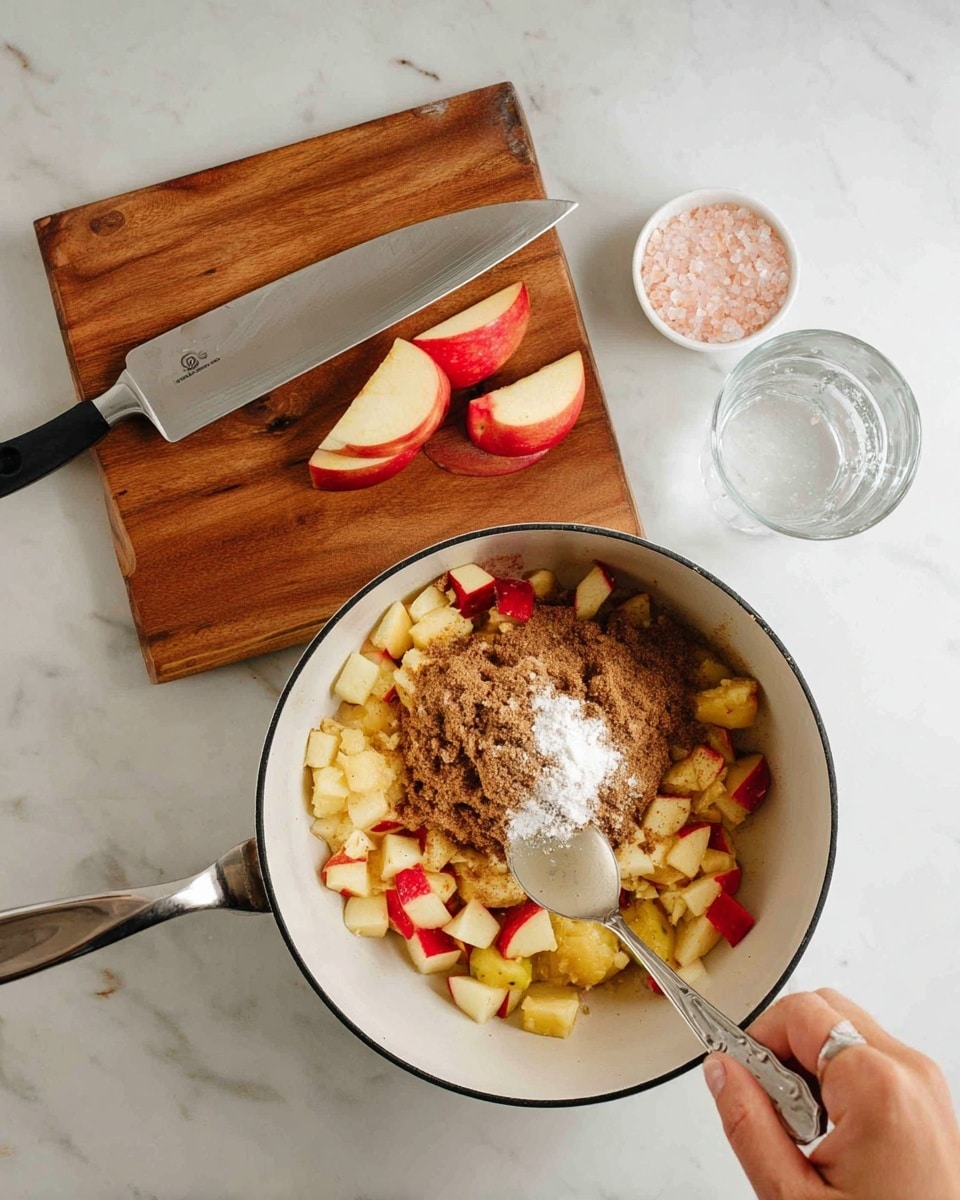 A kitchen scene with a close-up of a white pan filled with small chopped pieces of red and white apples layered at the bottom. On top of the apples, there is a mound of brown sugar and white flour sprinkled unevenly. A woman's hand is adding a spoonful of a pale liquid ingredient into the pan. Behind the pan is a wooden cutting board holding a large silver knife, two cut apple pieces with a red outer skin and pale inner flesh, a small bowl with pink salt, and a clear glass of water. All items are placed on a white marble surface. Photo taken with an iphone --ar 4:5 --v 7