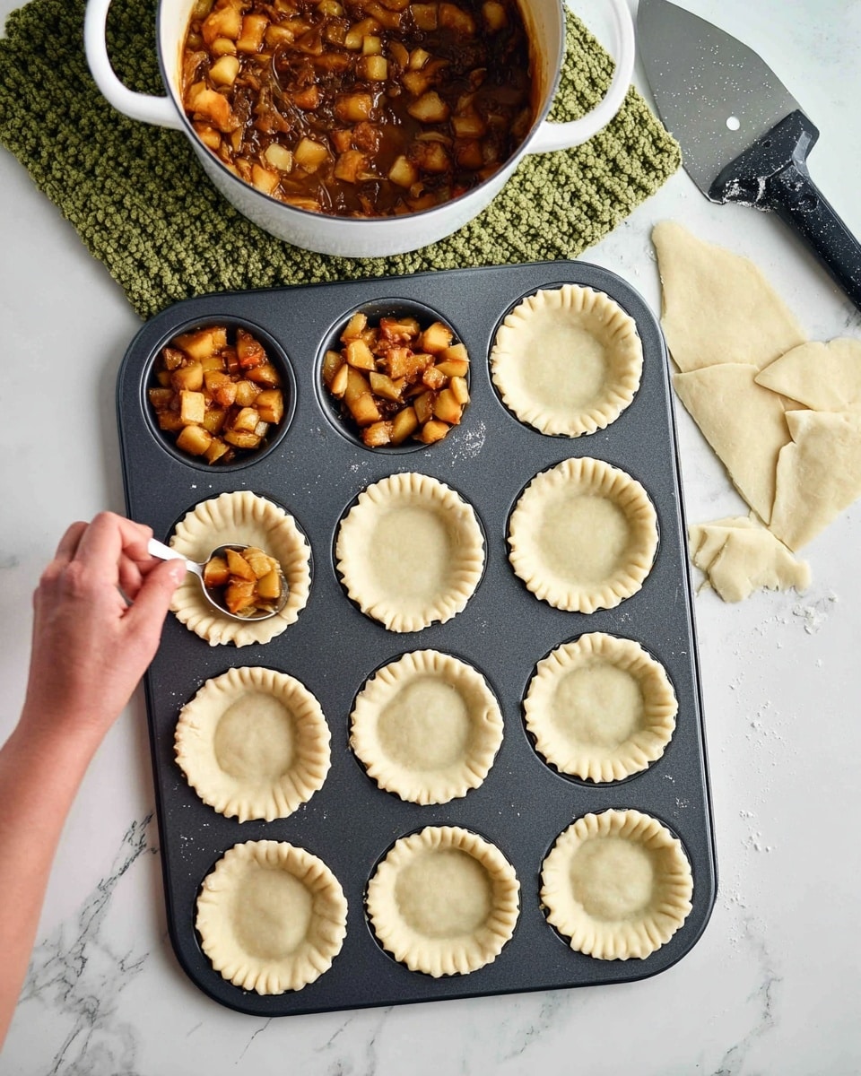 A dark gray muffin tray holds 12 pie crusts, each pale beige with soft, raised edges pressed into each cavity. Five of the crusts in the middle are being filled with a chunky, cooked filling that is orange-brown with small diced pieces, possibly fruit or vegetables. A woman's hand is seen holding a silver spoon, scooping the filling into the crust on the left middle row. Above the tray is a white pot with the same filling inside, resting on a green knitted mat. To the right of the pot, a small pile of folded pale dough sits near a metal dough scraper with a black handle. The whole setup is on a white marbled surface. photo taken with an iphone --ar 4:5 --v 7