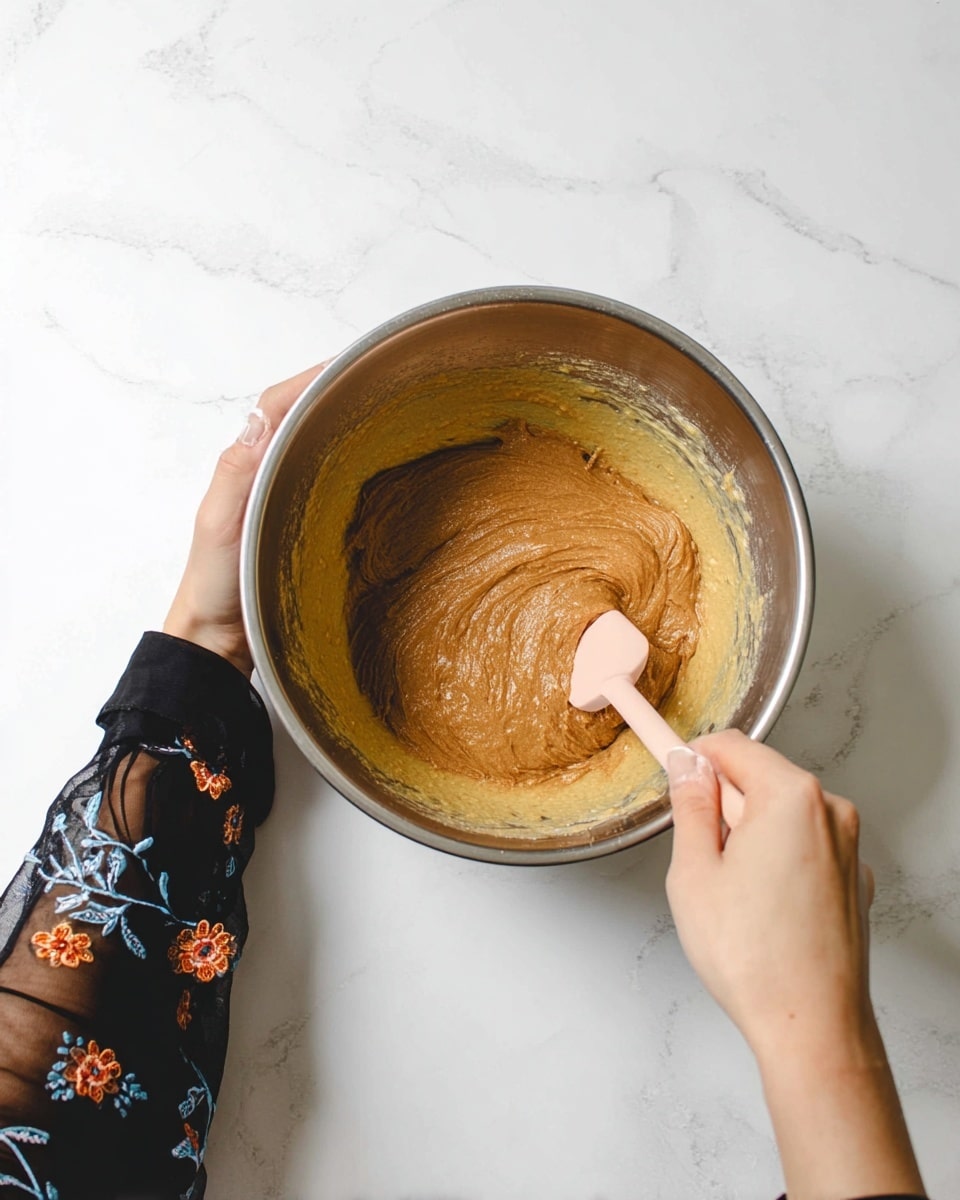 A close-up image shows a metal mixing bowl held by a woman's hand on the left side, with a second woman's hand on the right using a pale pink spatula to mix a brown batter with a thick, smooth texture in the bowl. The bowl contains two layers: a lighter yellow liquid at the bottom and a thicker brown batter on top being stirred together. The background and surface are white marble, adding a clean and bright look. The left woman's arm wears a sheer black sleeve with floral patterns in orange and blue. photo taken with an iphone --ar 4:5 --v 7
