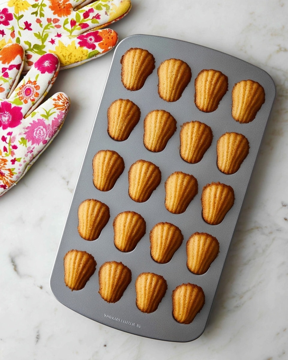 A gray baking tray holds fifteen small, golden brown madeleine cakes, each shaped like a shell with slightly domed tops and smooth textured surfaces. The tray is placed on a white marbled surface, and in the upper left corner, colorful oven mitts with floral patterns in red, yellow, orange, pink, and green rest casually. The overall look is clean, warm, and inviting, with the madeleines evenly spaced and neatly baked. photo taken with an iphone --ar 4:5 --v 7
