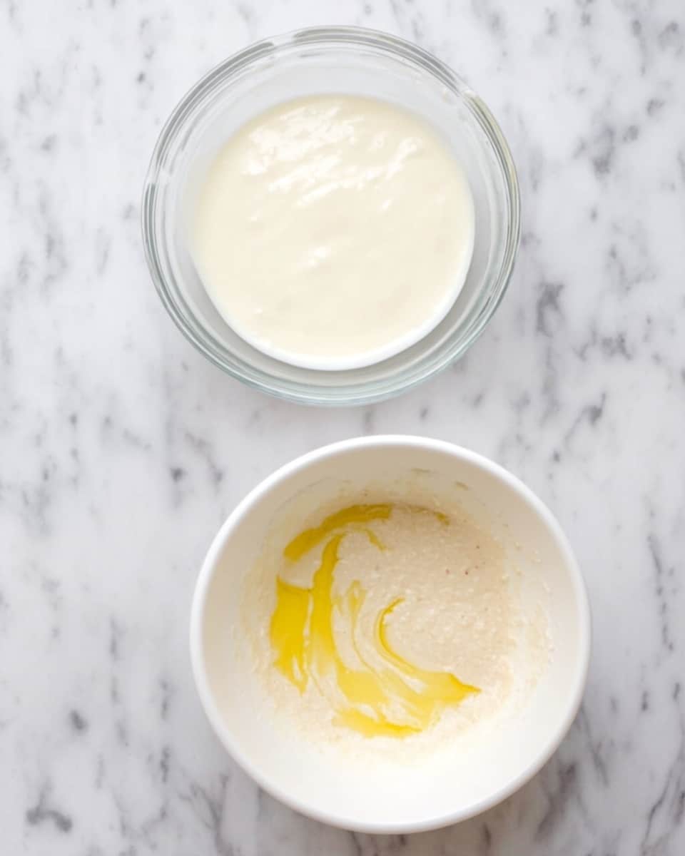 The image shows two bowls on a white marbled surface. The first bowl is clear glass and filled with a smooth, white creamy mixture that looks slightly thick and even in texture. The second bowl is white and contains a few ingredients mixed together: a light beige creamy batter with some yellow liquid swirled into it, creating a marbled effect on top. Both bowls are seen from above, showing the contents clearly. photo taken with an iphone --ar 4:5 --v 7