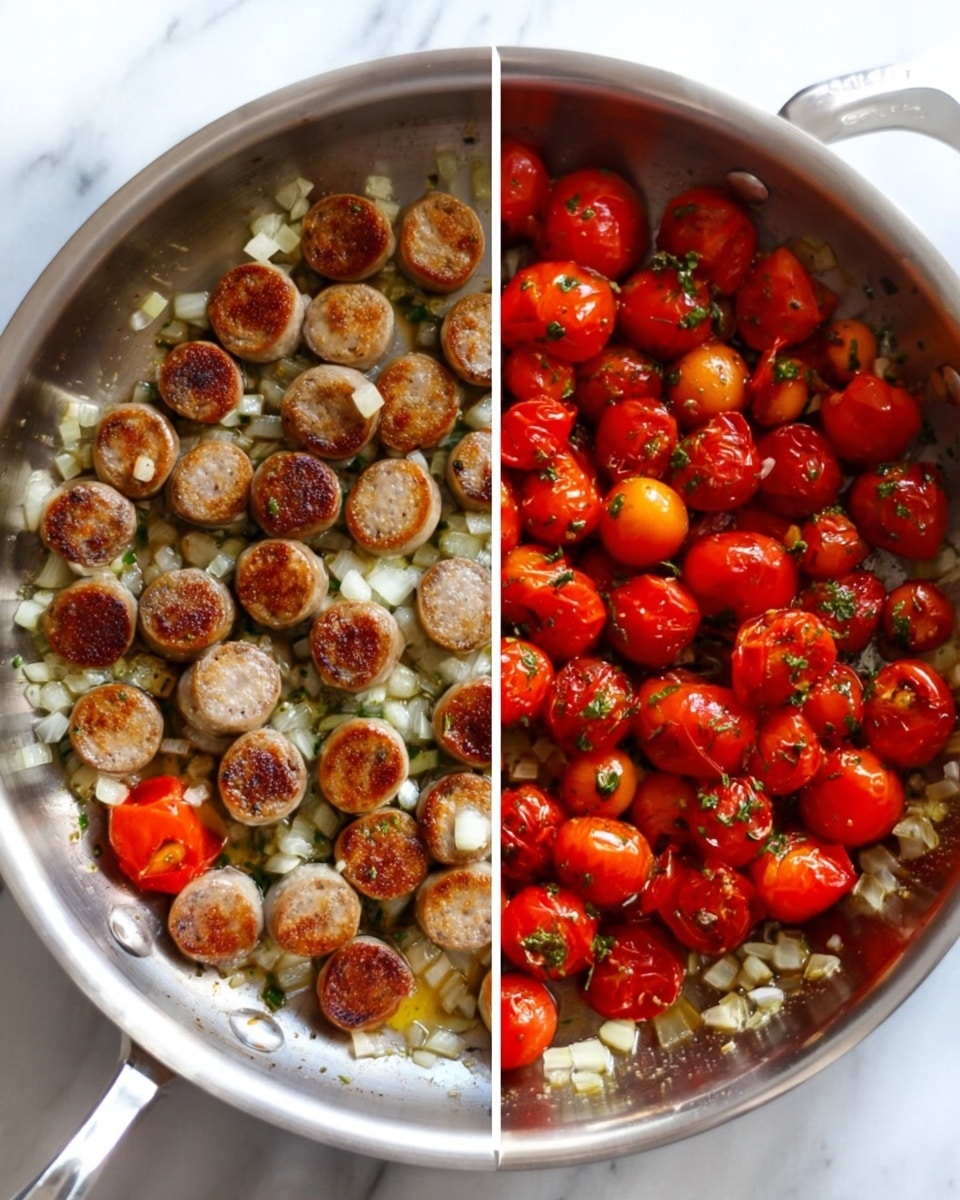 The left side shows a shiny silver pan with many small round sausage slices, browned on top, spread evenly around the pan with some finely chopped white onions cooking in the middle; the right side shows the same pan with the browned sausage slices now mixed with many bright red cherry tomatoes, all cooked and slightly softened, with green herbs sprinkled over them, all sitting on a white marbled surface photo taken with an iphone --ar 4:5 --v 7