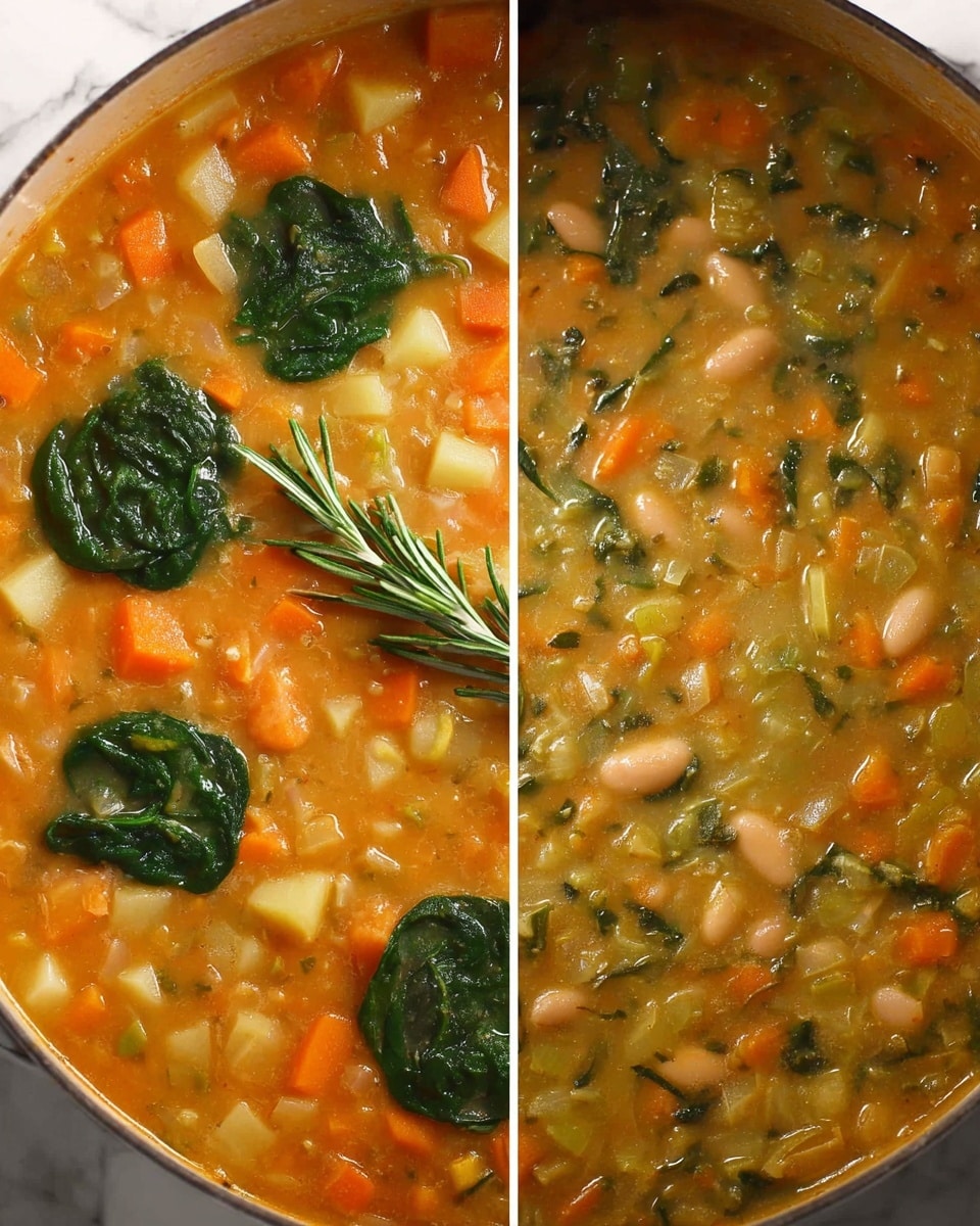 The image shows two close-up views of a thick vegetable soup in a pot. The soup has a creamy orange base with visible small cubes of orange carrots, pale yellow potatoes, and bits of green celery. In the left view, there are five dark green dollops of leafy spinach placed on the surface with a fresh rosemary sprig in the center, creating a layered look. The right view shows the soup after cooking, where the spinach has wilted and blended into the thick, chunky mix of vegetables and beans, giving a varied texture with green, orange, and white flecks evenly spread throughout. The background is a white marbled texture photo taken with an iphone --ar 4:5 --v 7