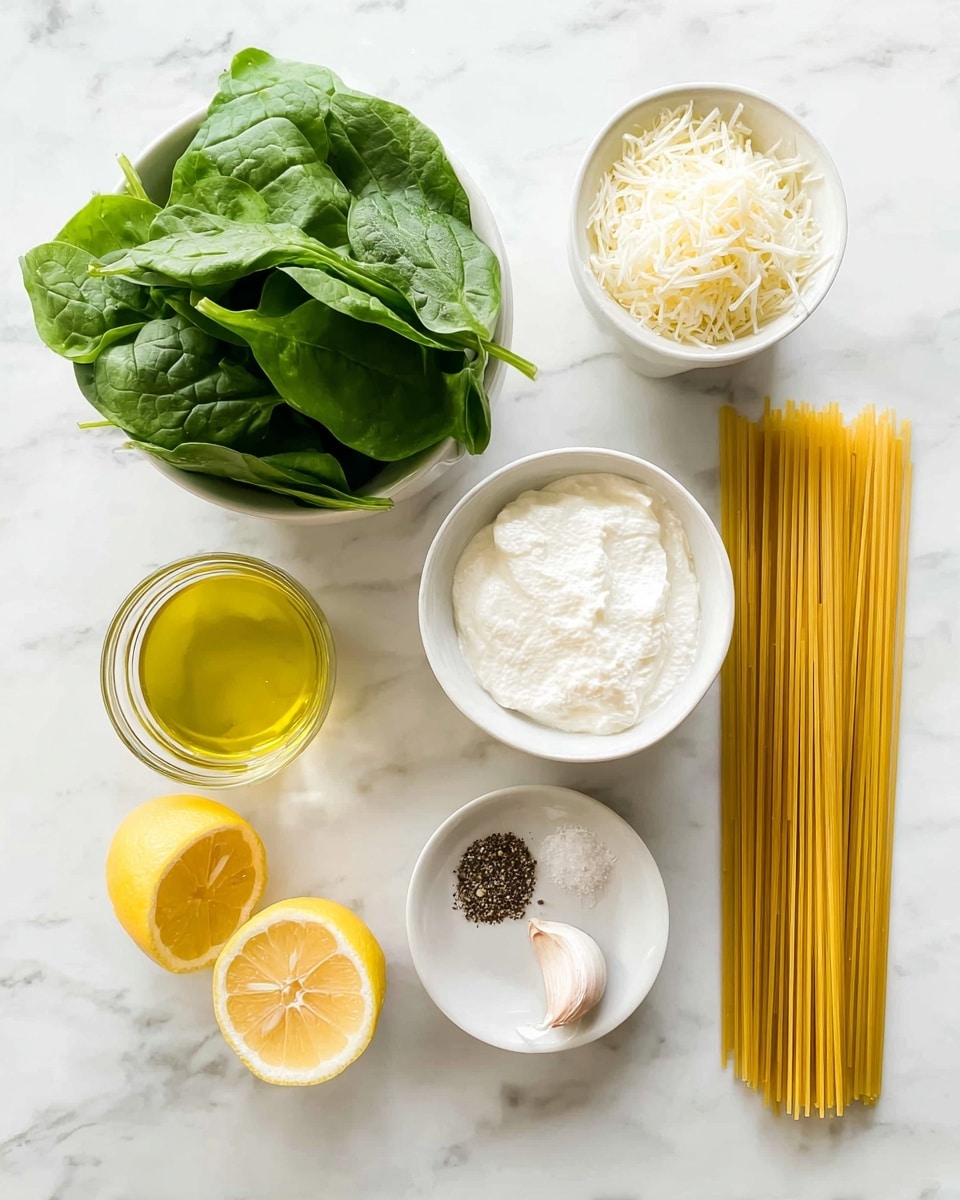 The image shows seven food ingredients placed neatly on a white marbled surface. On the top left, there is a bowl filled with fresh, bright green spinach leaves with a slightly shiny texture. Next to it, a small bowl holds finely shredded white cheese with a soft, fluffy look. On the far right, a bundle of long, straight, uncooked yellow spaghetti pasta rests parallel to the edge of the surface. Below the spinach, a bowl contains smooth, white ricotta cheese with a creamy, slightly chunky texture. In the middle, a glass container holds light golden olive oil that shines under the light. Toward the bottom left, two halves of a bright yellow lemon show juicy interiors with a fresh feel. Finally, at the bottom right, a small white plate holds a peeled garlic clove, a small pile of black pepper, and a small pile of salt arranged side by side. Photo taken with an iphone --ar 4:5 --v 7