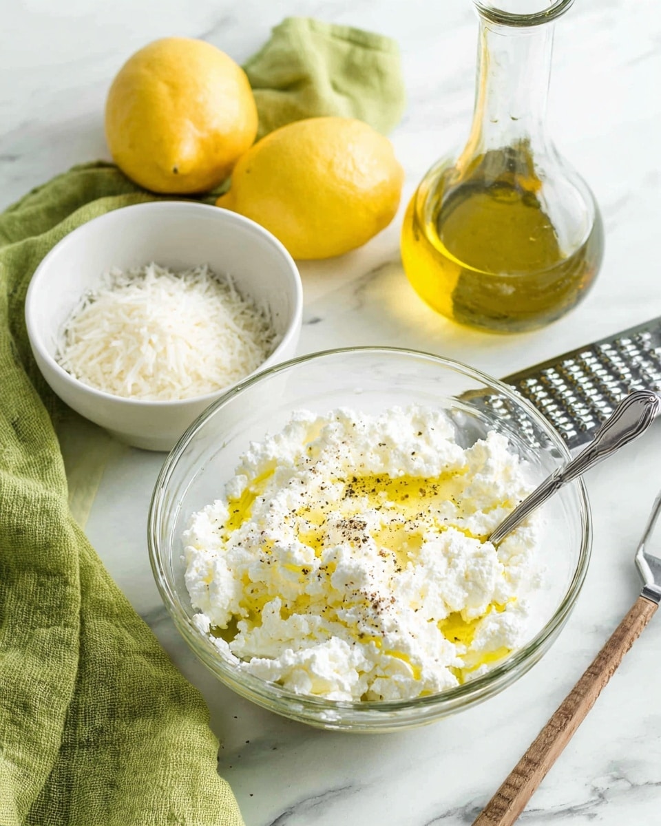 A glass bowl is filled with soft, white ricotta cheese, drizzled with yellow olive oil, and sprinkled with black pepper on a white marbled surface. Next to it, a small white bowl holds finely grated white cheese. A bright yellow lemon and a metal grater lie nearby, along with a clear glass bottle filled with golden olive oil. A green cloth is placed behind the small bowl, adding a soft touch to the bright, fresh setting. photo taken with an iphone --ar 4:5 --v 7