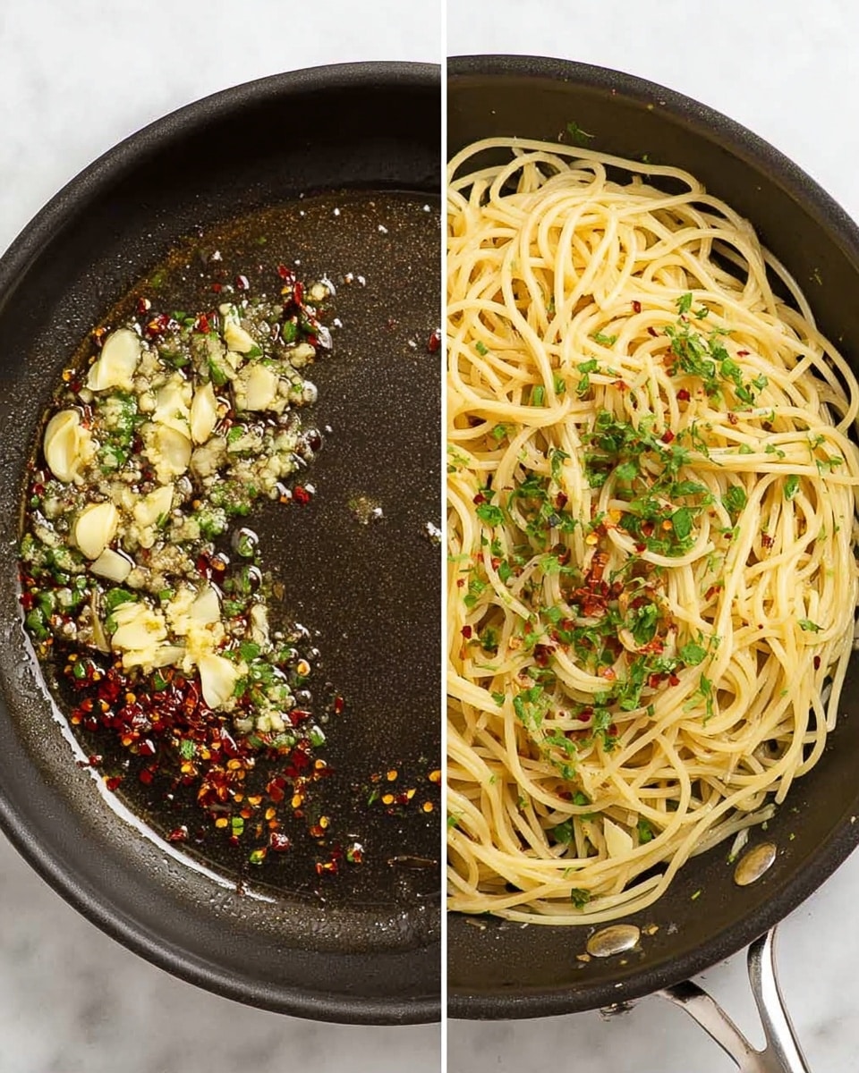 A top view of a two-part image, the left side shows a dark pan with a shallow layer of oil, scattered light yellow slices of garlic and red chili flakes resting on a white marbled surface. The right side shows the same pan filled with cooked spaghetti pasta, pale yellow and slightly shiny, mixed with chopped green herbs and small red chili flakes scattered evenly over the noodles. The pan handle is visible on the left side in both images. photo taken with an iphone --ar 4:5 --v 7