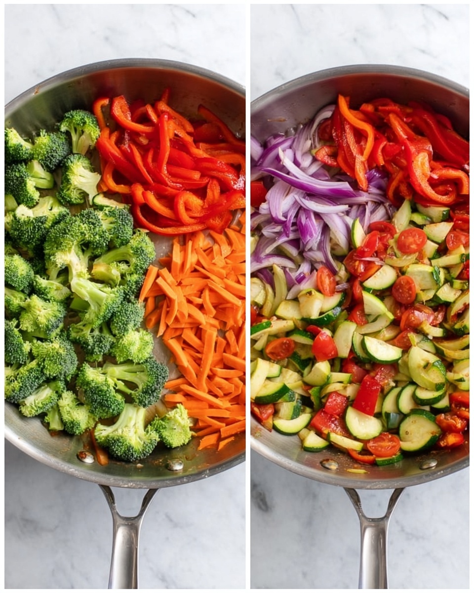 The image shows two round metal pans on a white marbled surface. The first pan is filled with a creamy light-colored sauce and colorful vegetables layered on top, including bright green broccoli florets, thin orange carrot strips, red bell pepper pieces, and small chunks of white onion, all spread evenly across the surface. The second pan holds a mixed pasta dish with a creamy sauce coating the pasta, which is creamy white penne mixed with small pieces of green broccoli and thin strips of red bell pepper, creating a colorful and creamy texture. In the background of the second pan, there are lemon wedges and a light fabric. Photo taken with an iphone --ar 4:5 --v 7