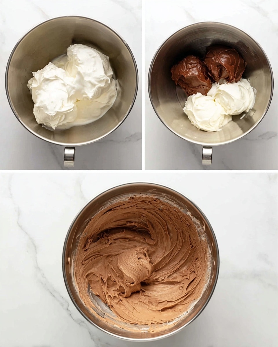Three images show the process of making a chocolate mixture in a large silver mixing bowl set on a white marbled surface. The first image has two large dollops of smooth white cream in the bowl. The second image adds three dollops of thick chocolate spread on top of the white cream inside the bowl. The third image shows the bowl filled with a fully mixed, creamy light brown chocolate mixture with swirled texture. Photo taken with an iphone --ar 4:5 --v 7