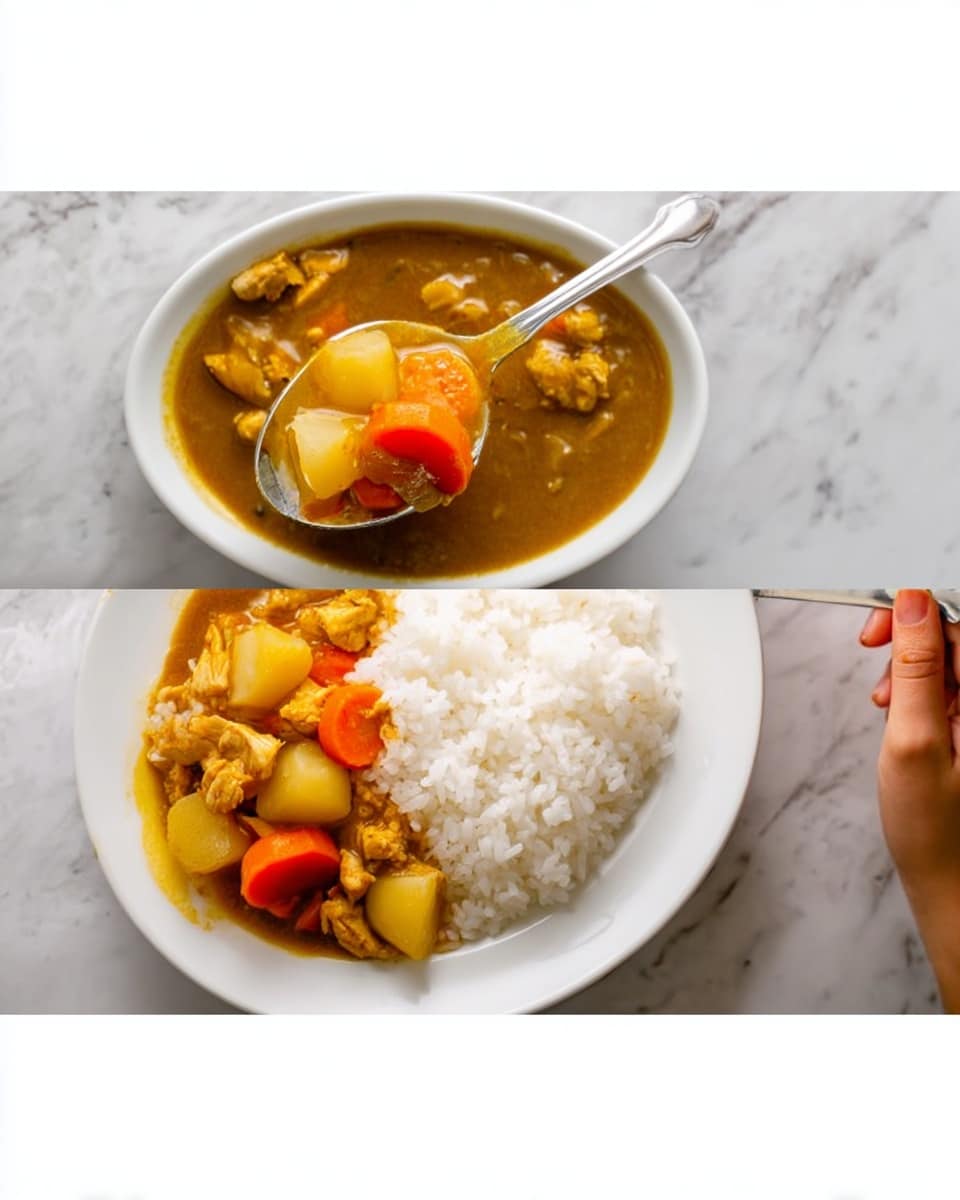 The image shows a white plate with two main parts: on the right side, there is a neat mound of white rice with a fluffy texture, while the left side has a thick, brown curry sauce with visible chunks of orange carrots, yellow potatoes, and small pieces of chicken mixed in. The curry looks smooth and slightly shiny. A woman's hand holds a silver spoon scooping the curry and vegetables from the plate. The background has a white marbled texture and the scene is bright and clear. photo taken with an iphone --ar 4:5 --v 7