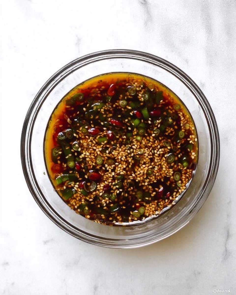 A clear glass bowl filled with a dark brown liquid sauce mixed with sesame seeds, small green slices of chili or green onion, and some red chili pieces, all floating evenly throughout the top layer. The bowl sits on a white marbled surface, and the sauce has a shiny, slightly oily texture with seeds scattered on the sides inside the bowl. Photo taken with an iphone --ar 4:5 --v 7
