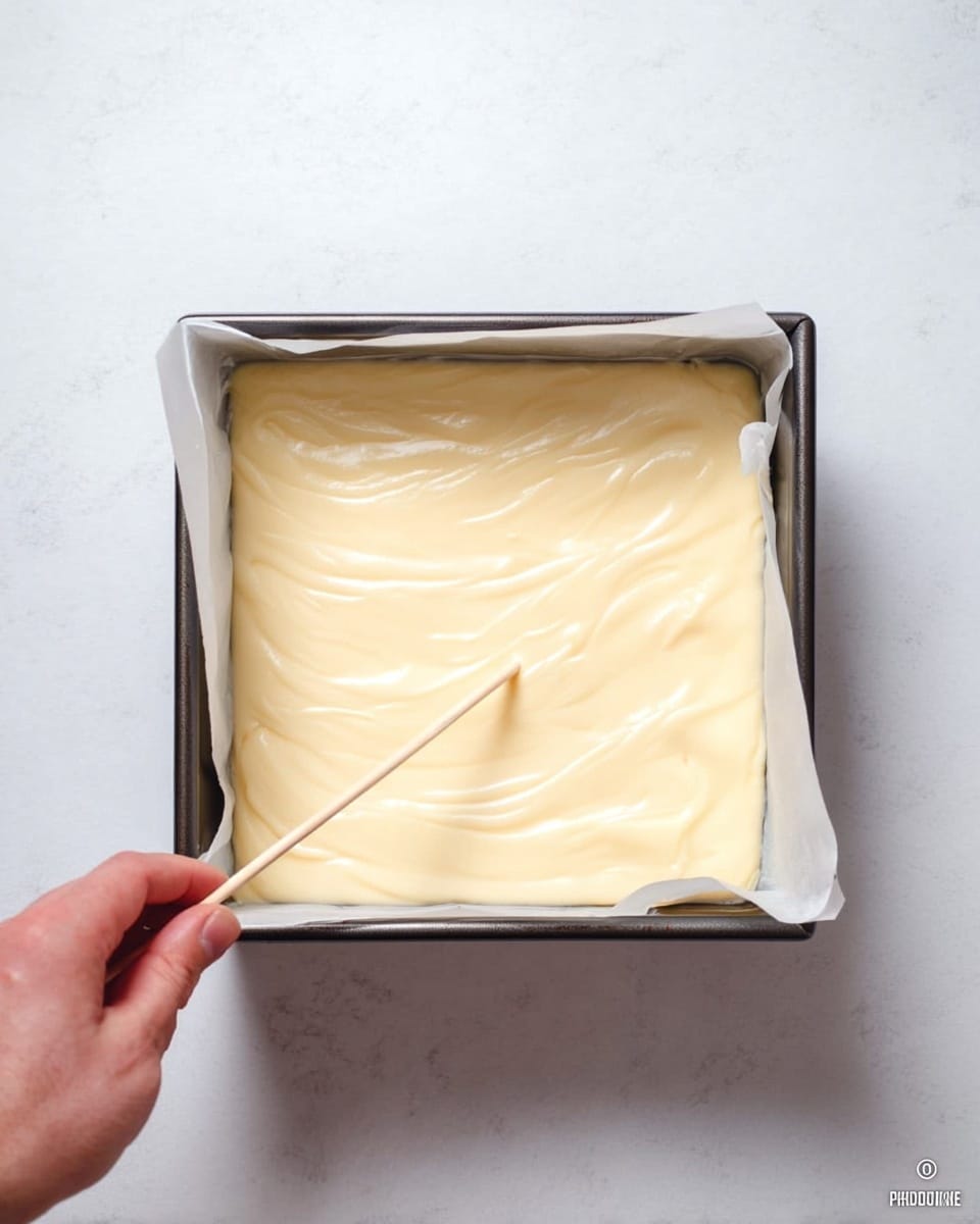 A square metal baking pan lined with white parchment paper holds a thick, creamy pale yellow batter evenly spread inside. A woman's hand is holding a thin wooden stick, gently making swirls on the smooth top layer of the batter, creating slight waves in the texture. The pan sits on a white marbled surface that softly reflects light. Photo taken with an iphone --ar 4:5 --v 7