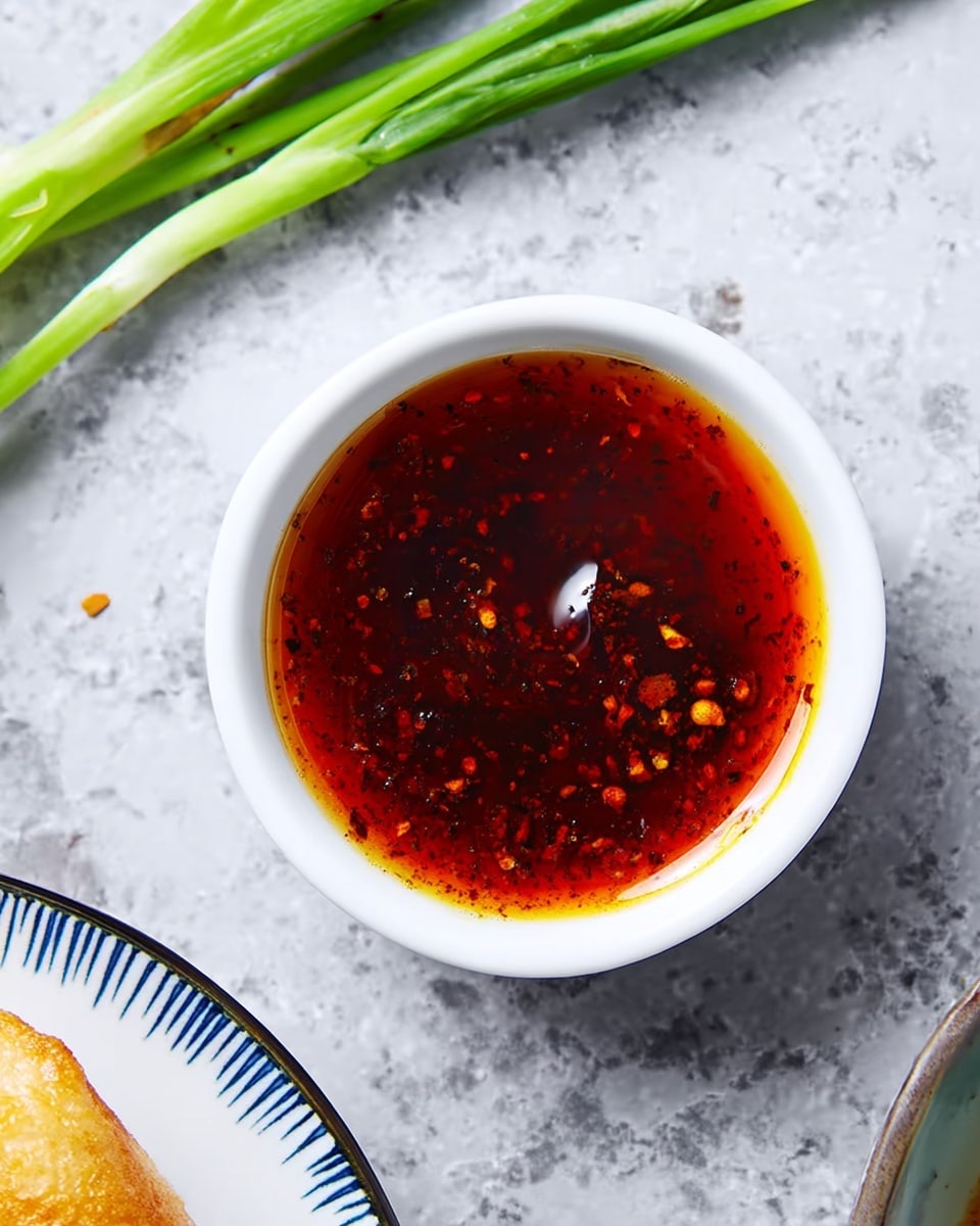 A small white bowl filled with a deep red-brown sauce, speckled with black pepper and small chili flakes, sits on a white marbled surface. The sauce looks smooth and slightly shiny with a thin layer of oil on top. To the left side of the bowl, there are some long, fresh green stalks partially visible, adding a touch of green color. The edge of a white plate with blue lines and a piece of golden brown bread is near the bottom left corner of the image. Photo taken with an iphone --ar 4:5 --v 7