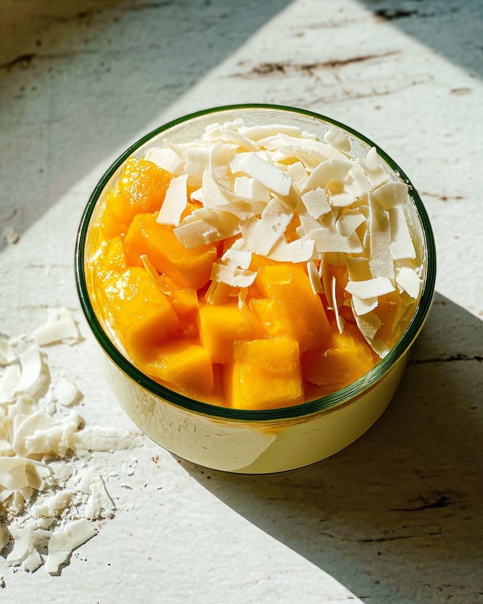 A glass bowl filled with three layers is shown on a white marbled surface. The bottom layer is creamy and light beige, the middle layer is made of bright orange mango chunks, and the top layer is covered with thin, white coconut flakes scattered unevenly. The bowl has a green rim, and there are some coconut flakes scattered on the white marbled surface around it. Bright sunlight casts shadows and highlights on the textures, giving the dish a fresh and tropical look photo taken with an iphone --ar 4:5 --v 7