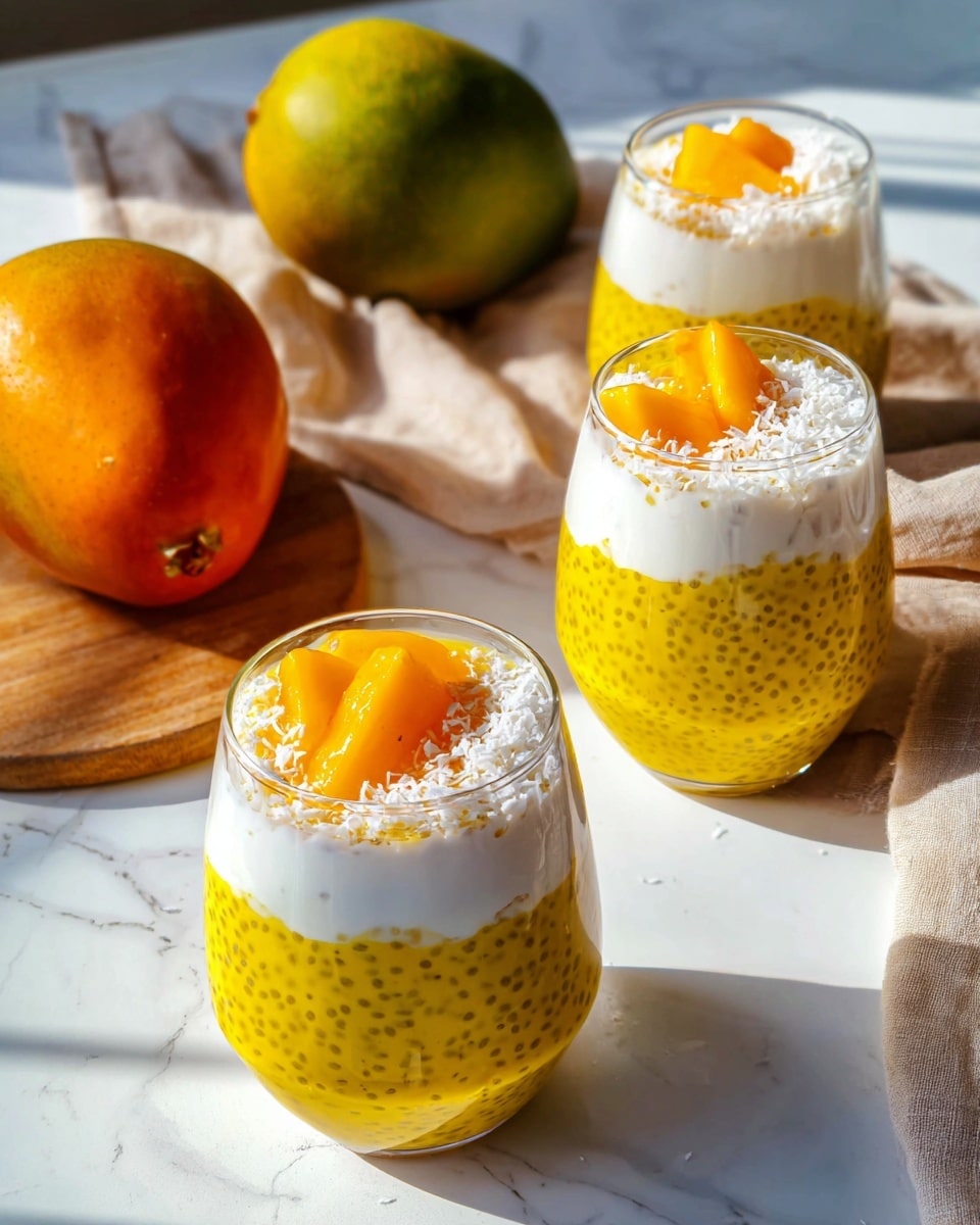 Three clear round glasses hold a yellow pudding-like dessert filled with small black seeds. Each glass has two main layers: the bottom thick yellow layer with seeds and a top white creamy layer sprinkled with white flakes, mostly on one side. Bright orange fruit pieces sit on top of the white layer on each glass. The glasses are arranged on a white marbled surface with bright natural light and soft shadows. A green and an orange fruit with rough skin sit on a beige cloth in the background. Photo taken with an iphone --ar 4:5 --v 7