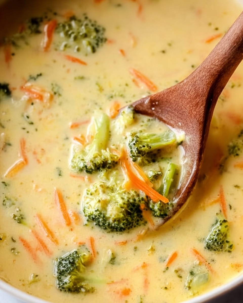 A close-up view of a thick, creamy soup with a light yellow color, filled with small bright green broccoli pieces and thin orange carrot strips scattered throughout. A wooden spoon is partially submerged on the right side, lifting some of the soup and vegetables. The soup has a smooth texture with visible small bits of broccoli and carrot floating in it. The background features a white marbled surface. Photo taken with an iphone --ar 4:5 --v 7