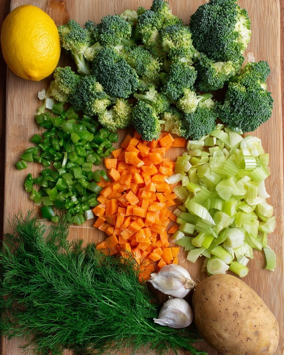 The image shows a mix of fresh vegetables on a wooden board. There are green broccoli florets and small diced broccoli stems spread across the top and middle parts. Below them are small orange diced carrots arranged in a neat line. Next to the carrots, there are light green diced celery pieces. On the bottom right side, there is a whole brown potato and a yellow onion. On the bottom left, there is a bunch of fresh green dill and two whole garlic bulbs near the corners. A whole yellow lemon sits at the top left corner. The textures show the roughness of the broccoli, the crispness of the celery, and the smoothness of the potato and onion, with all vegetables looking fresh and vibrant. Photo taken with an iphone --ar 4:5 --v 7
