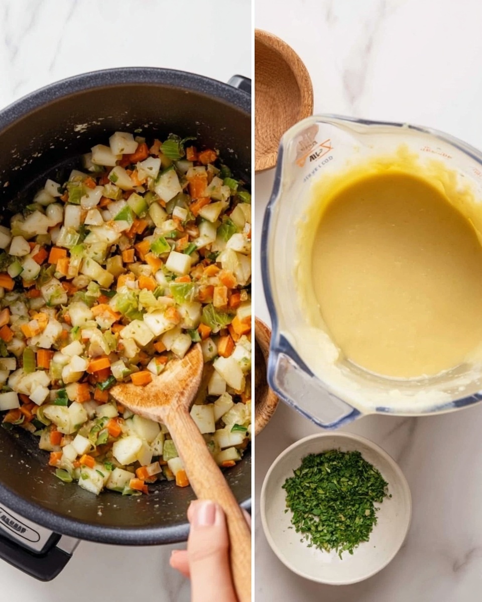 The left side of the image shows a close-up of a black pot filled with diced vegetables being stirred by a woman's hand holding a wooden spoon. The vegetable pieces are small cubes, mostly pale beige with some orange and green bits mixed in, resting on each other with a soft texture. On the right side, there is a white blender jug filled with smooth, pale yellow sauce or puree, placed on a white marbled surface with a small bowl of chopped green herbs partially visible below it. Photo taken with an iphone --ar 4:5 --v 7