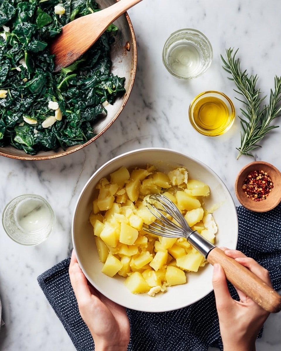 A close-up view shows a white bowl filled with yellow potato pieces and garlic cloves being mashed by a woman's hands holding a metal masher with a wooden handle. To the left, a skillet holds cooked dark green leafy vegetables with a wooden spatula resting inside. Around the bowls, there is a glass container with clear liquid, a small glass bowl of golden olive oil, a sprig of rosemary, and a small wooden bowl containing red pepper flakes. The surface is a white marbled texture, and there is a grey cloth and a navy blue knit mat partially visible under the skillet. photo taken with an iphone --ar 4:5 --v 7