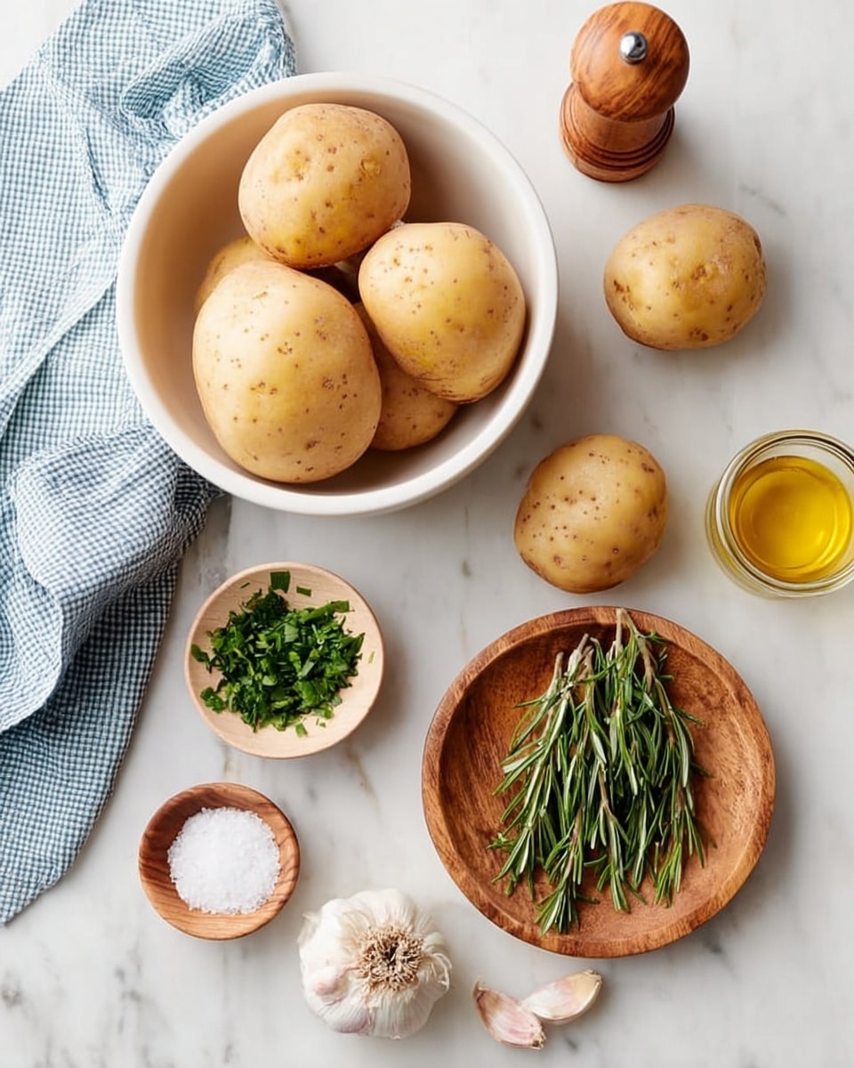 The image shows a white bowl filled with four light brown potatoes on a white marbled surface. Around the bowl, there are two more similar potatoes placed separately. To the right of the potatoes, there is a small clear jar filled with golden oil and a light wooden pepper grinder. Below, a round wooden bowl holds fresh green chopped herbs. Next to it, a wooden dish contains three sprigs of fresh green rosemary. At the bottom center, a halved head of garlic with visible cloves sits beside a small round wooden bowl filled with white salt. A folded blue and white checkered cloth is partially visible on the left side. The whole set lies on the white marbled surface, creating a clean and simple scene photo taken with an iphone --ar 4:5 --v 7
